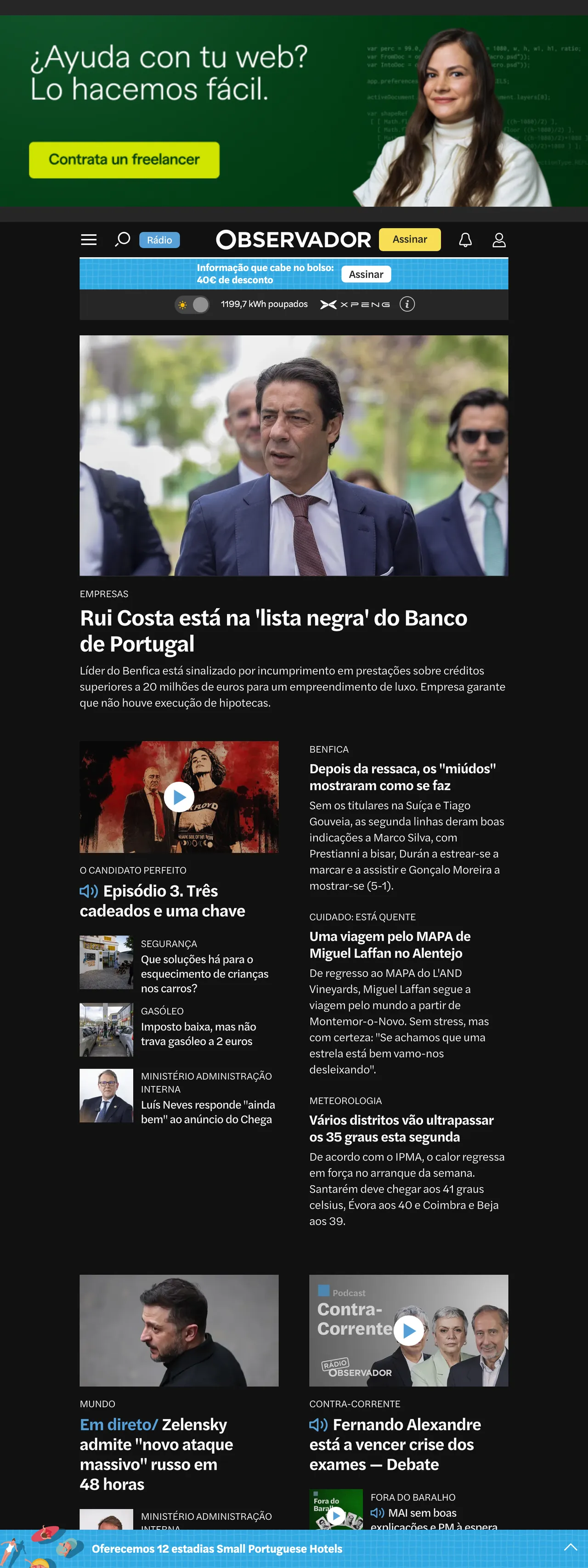 Screenshot of the Observador front page