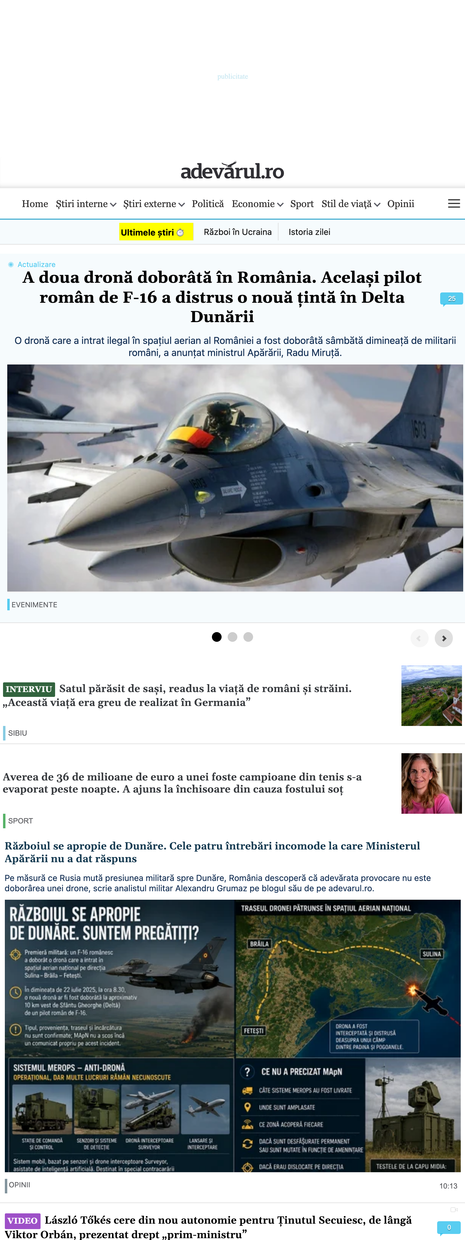 Screenshot of the Adevărul front page