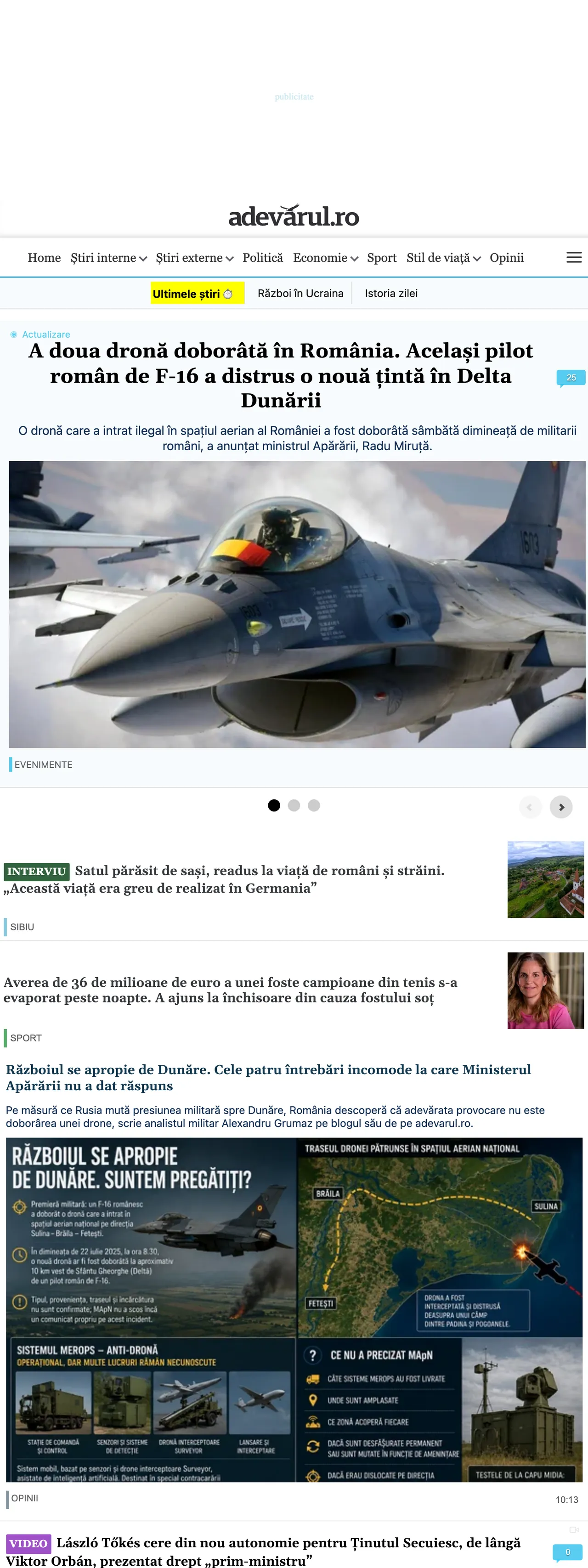 Screenshot of the Adevărul front page