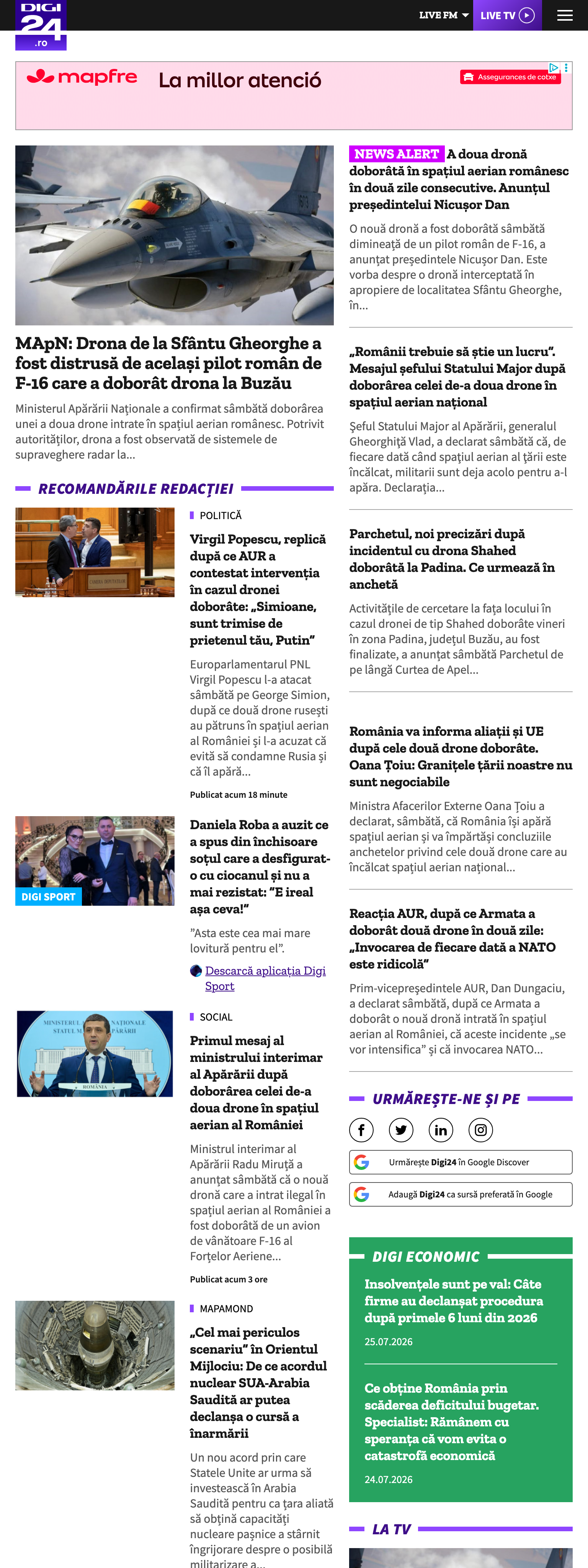 Screenshot of the Digi24 front page