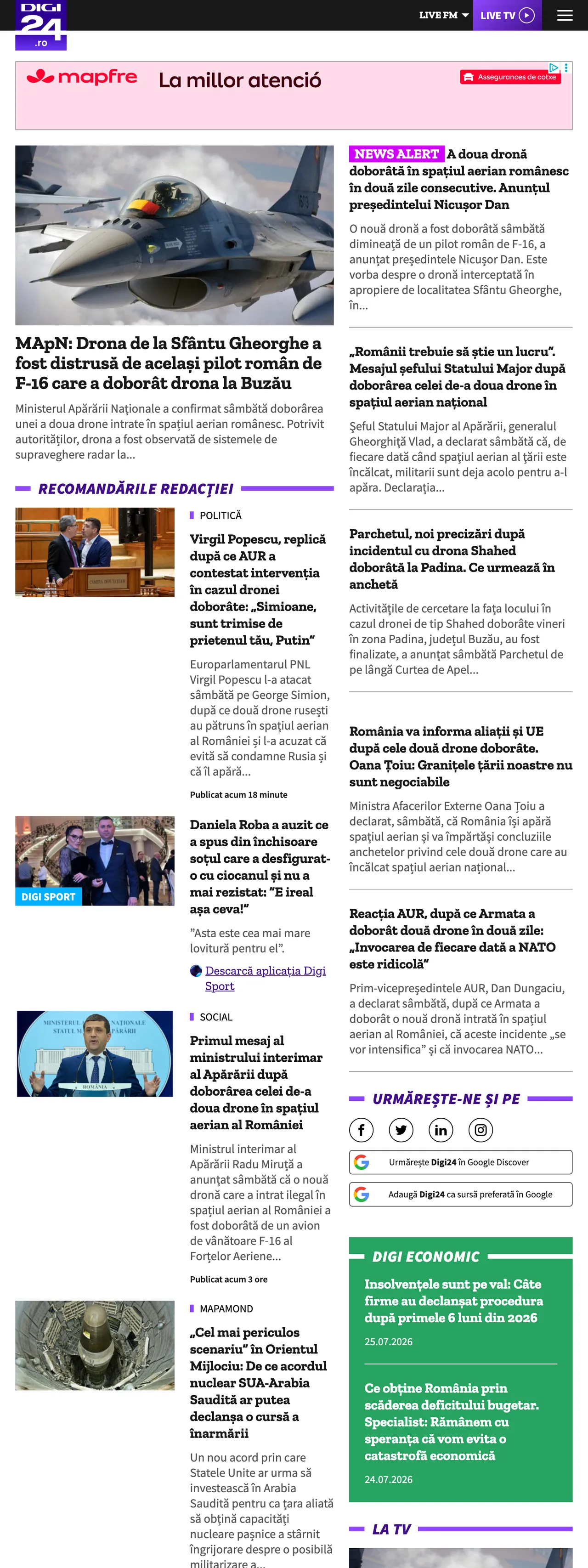 Screenshot of the Digi24 front page