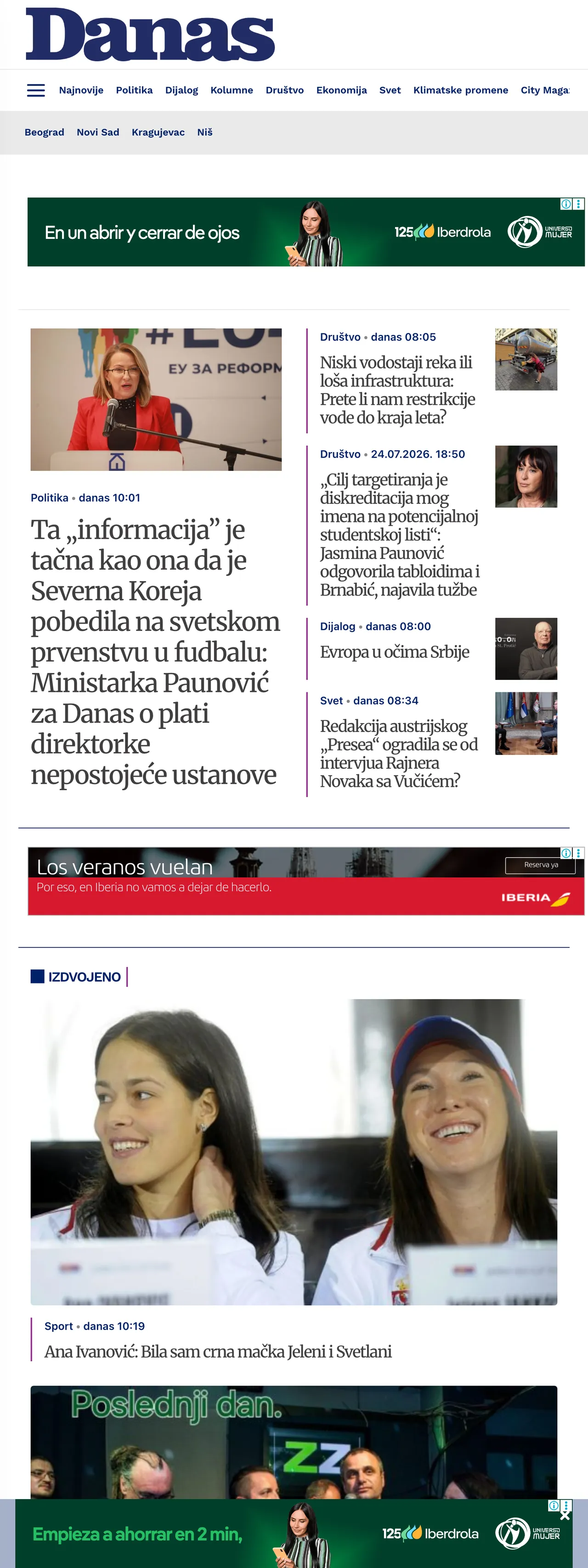 Screenshot of the Danas front page
