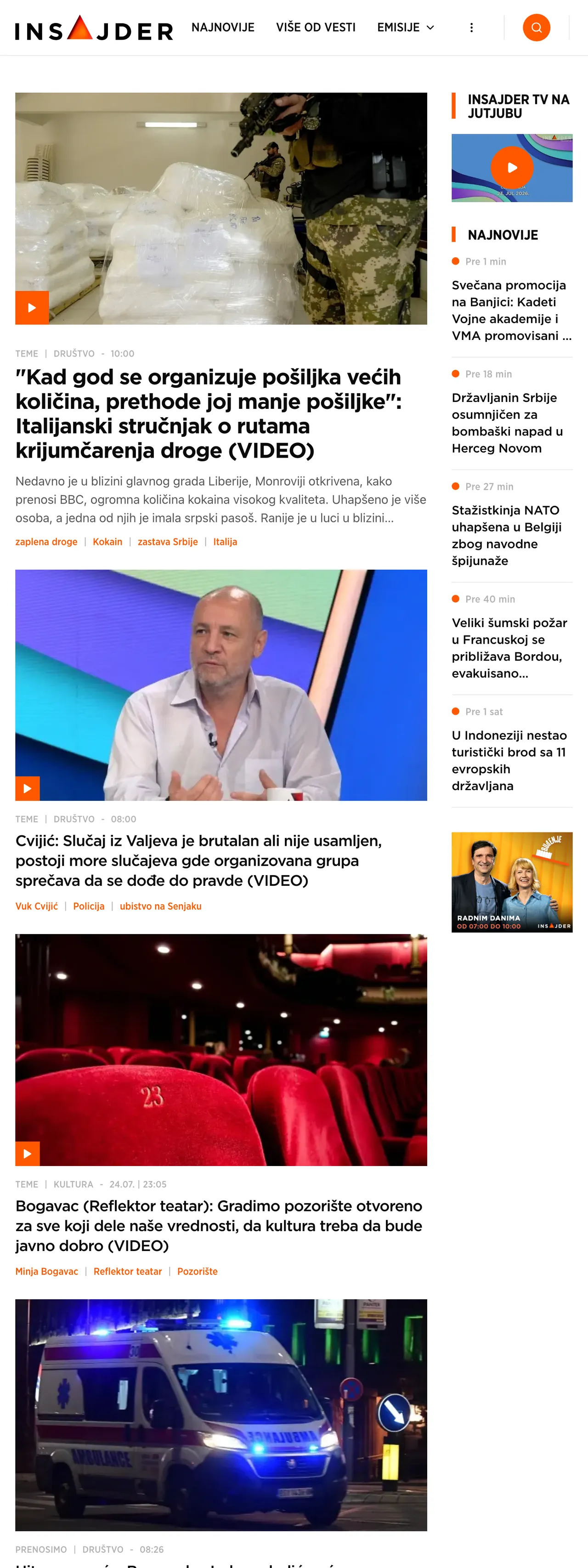 Screenshot of the Insajder front page