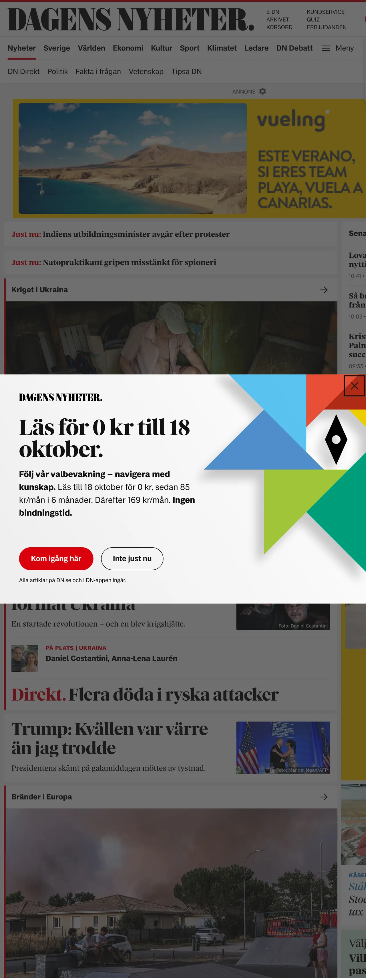 Screenshot of the Dagens Nyheter front page