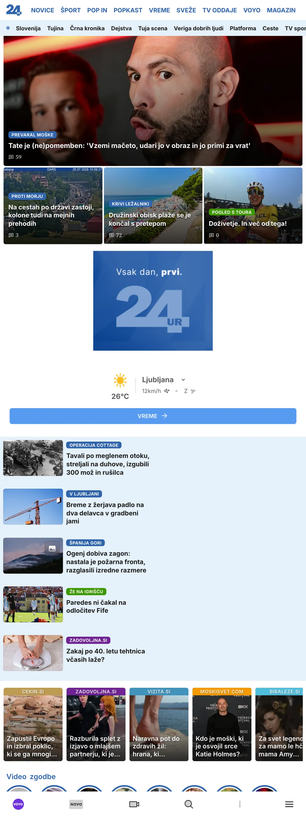 Screenshot of the 24ur front page