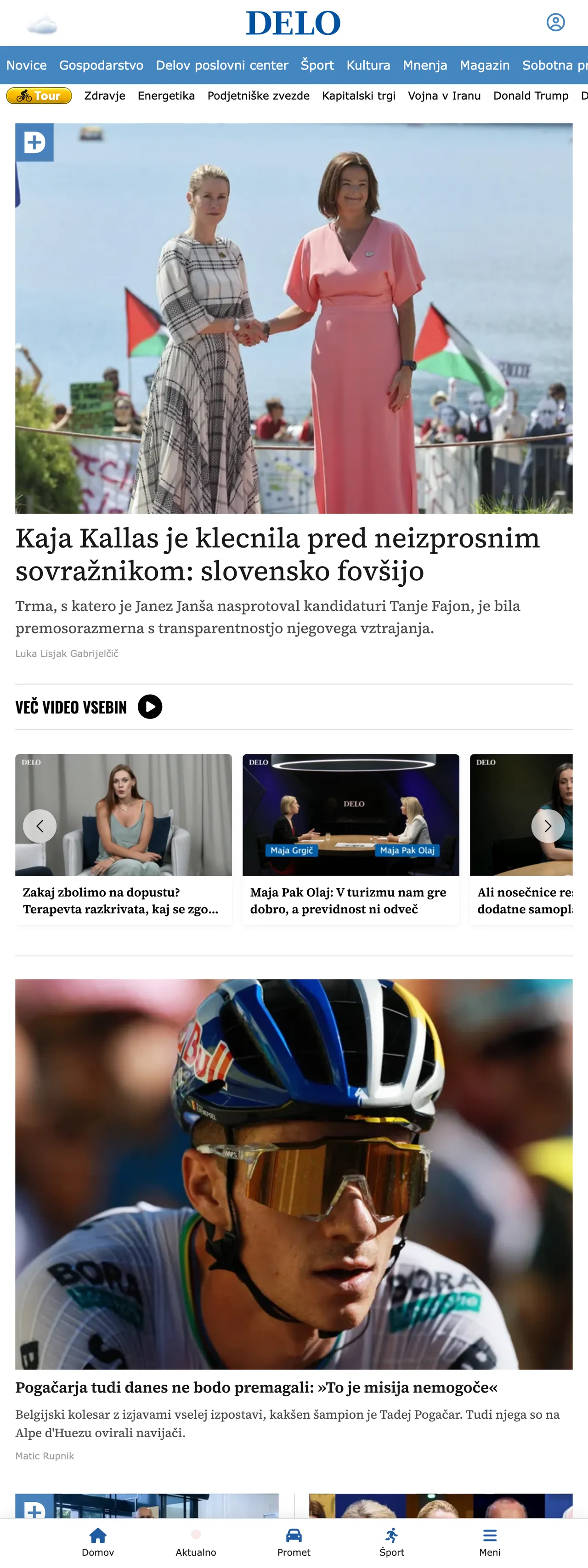 Screenshot of the Delo front page
