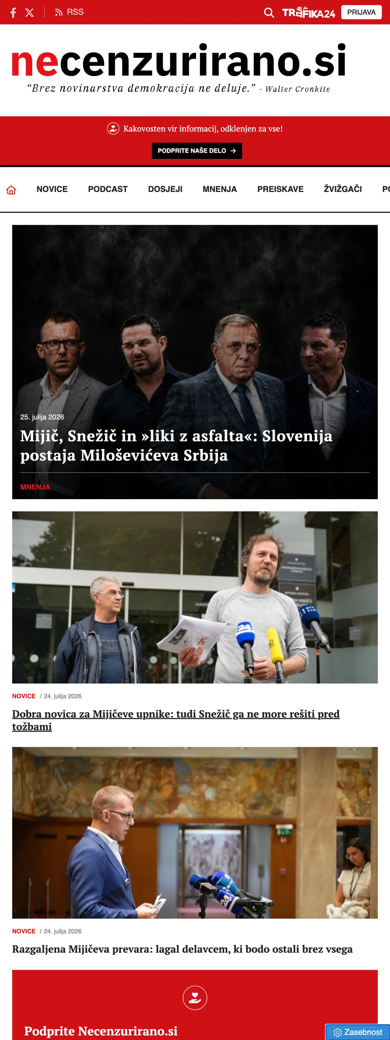 Screenshot of the Necenzurirano front page