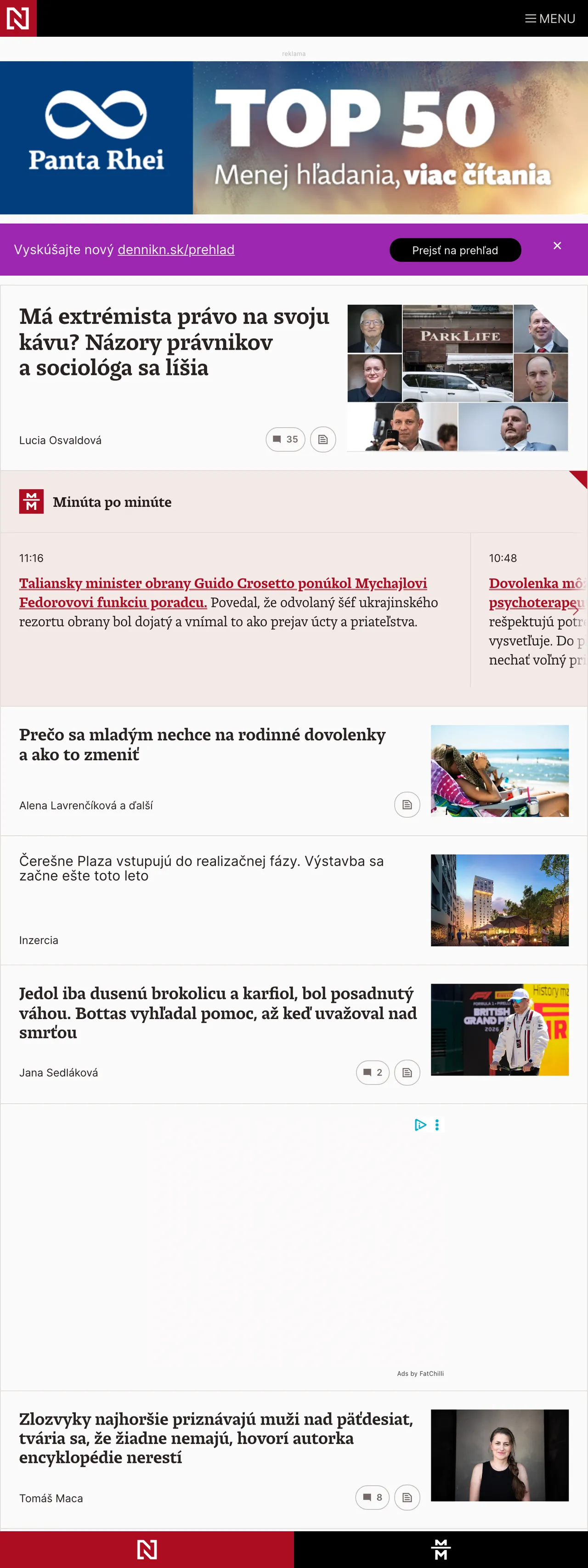 Screenshot of the Denník N front page