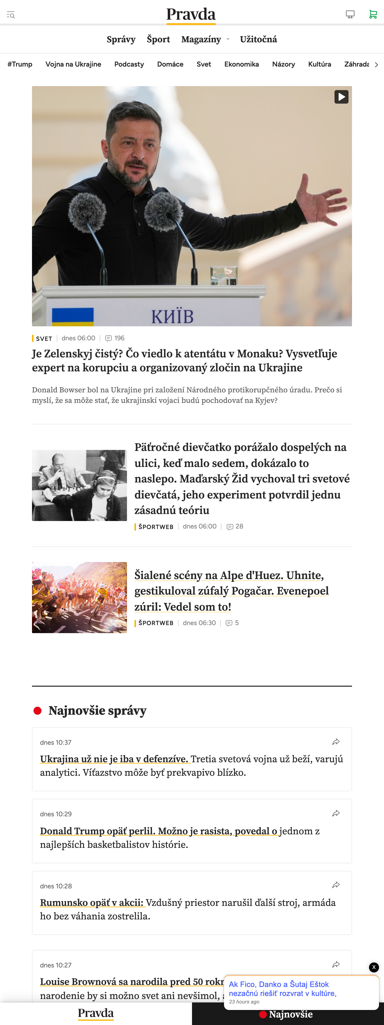 Screenshot of the Pravda front page