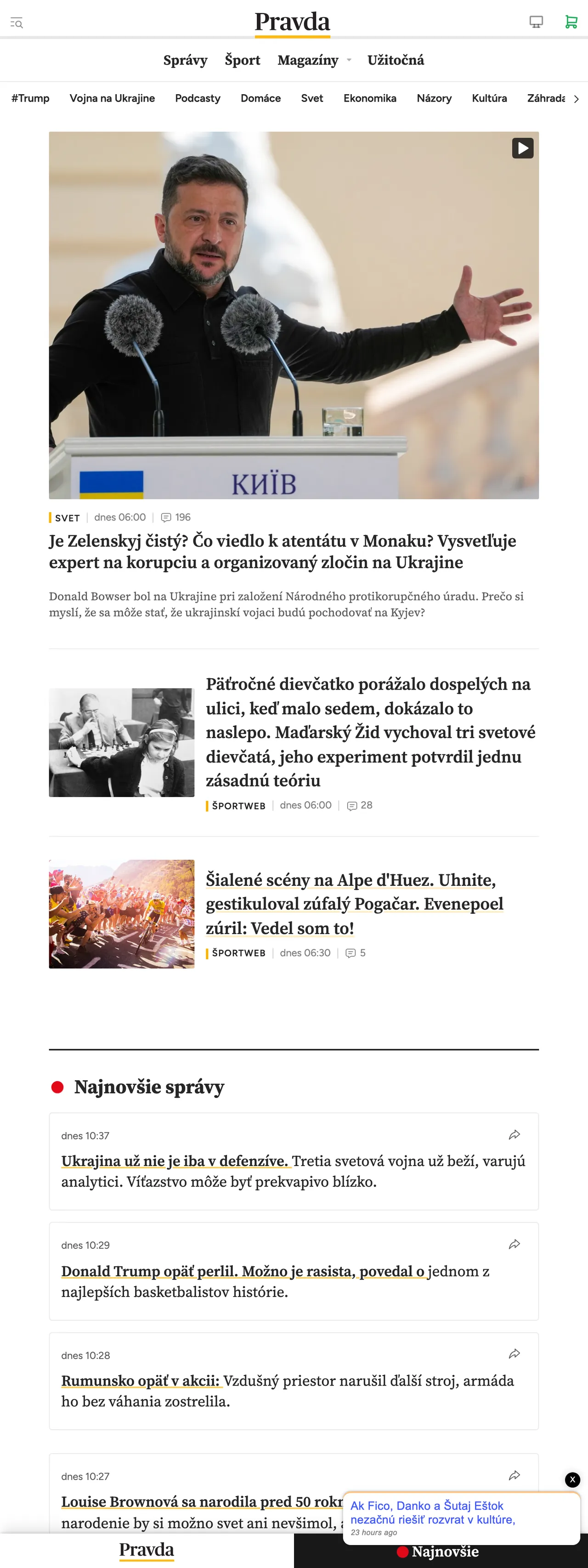 Screenshot of the Pravda front page