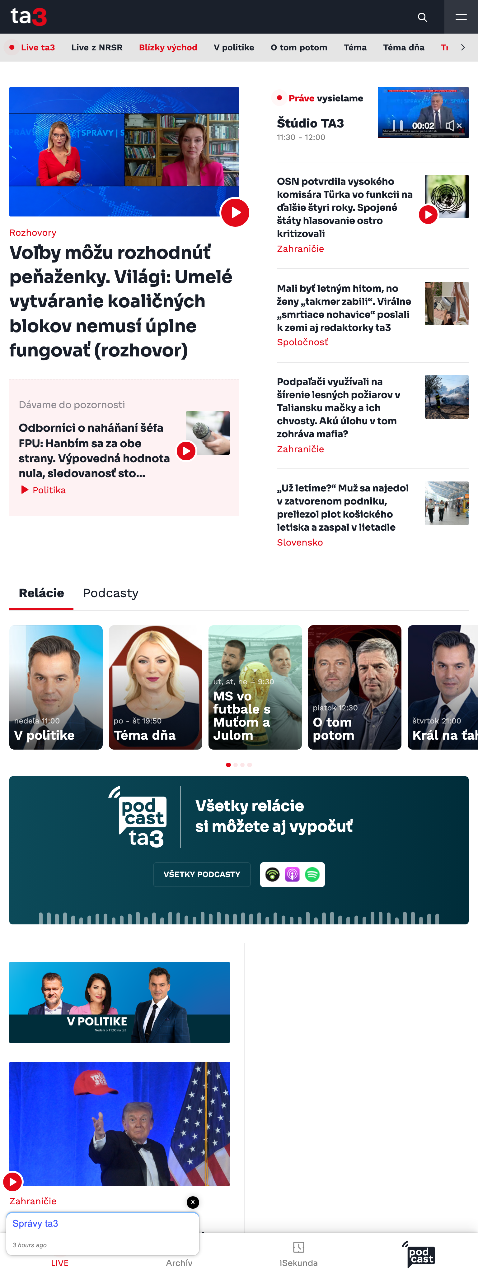 Screenshot of the TA3 front page