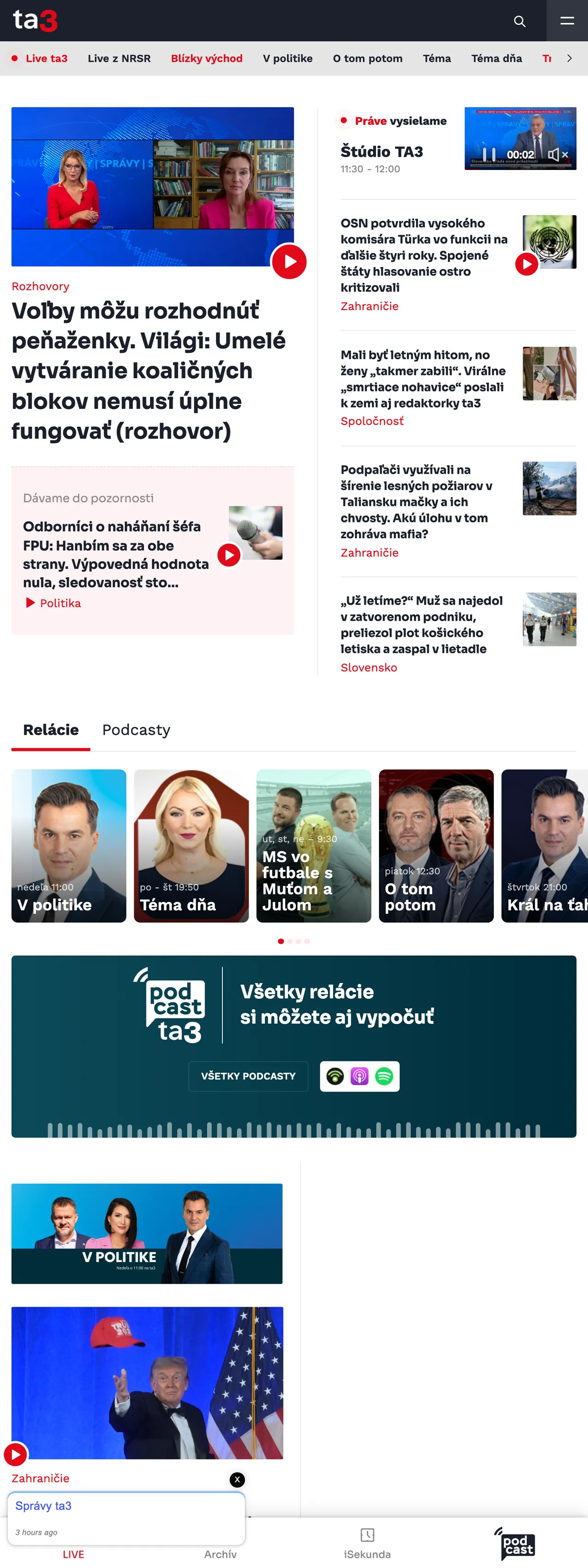 Screenshot of the TA3 front page