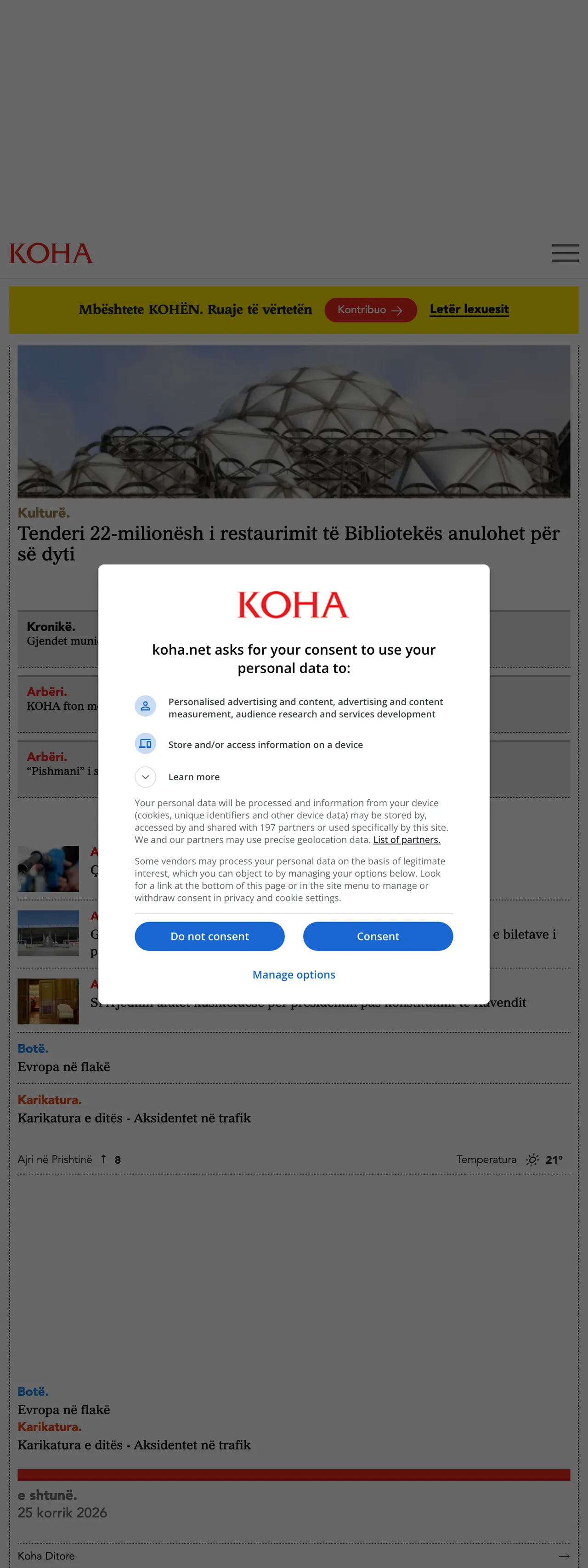 Screenshot of the Koha Ditore front page