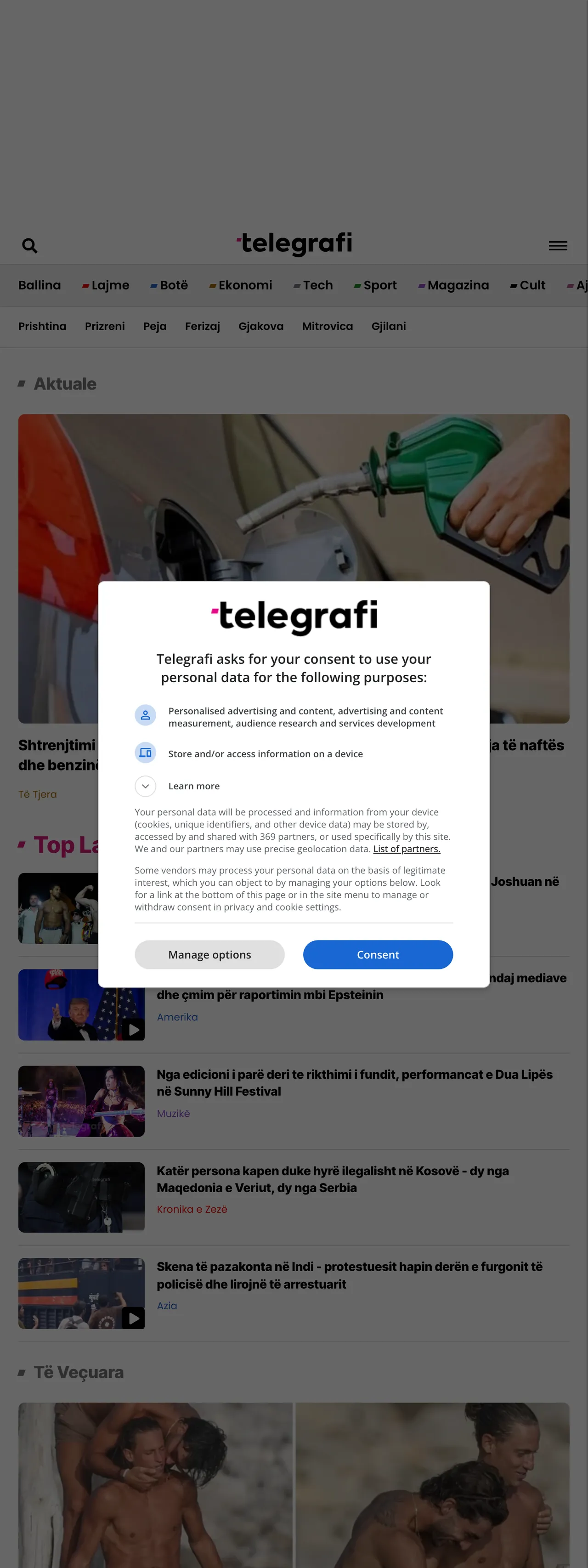 Screenshot of the Telegrafi front page