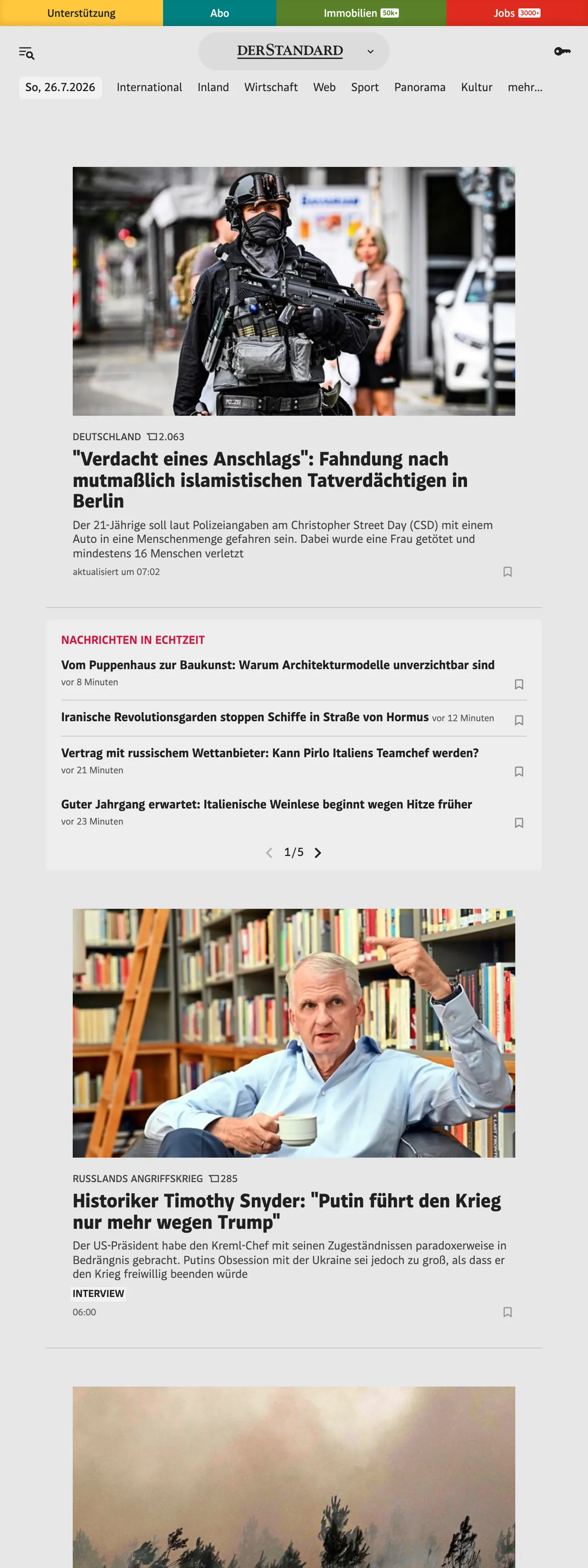 Screenshot of the DER STANDARD front page