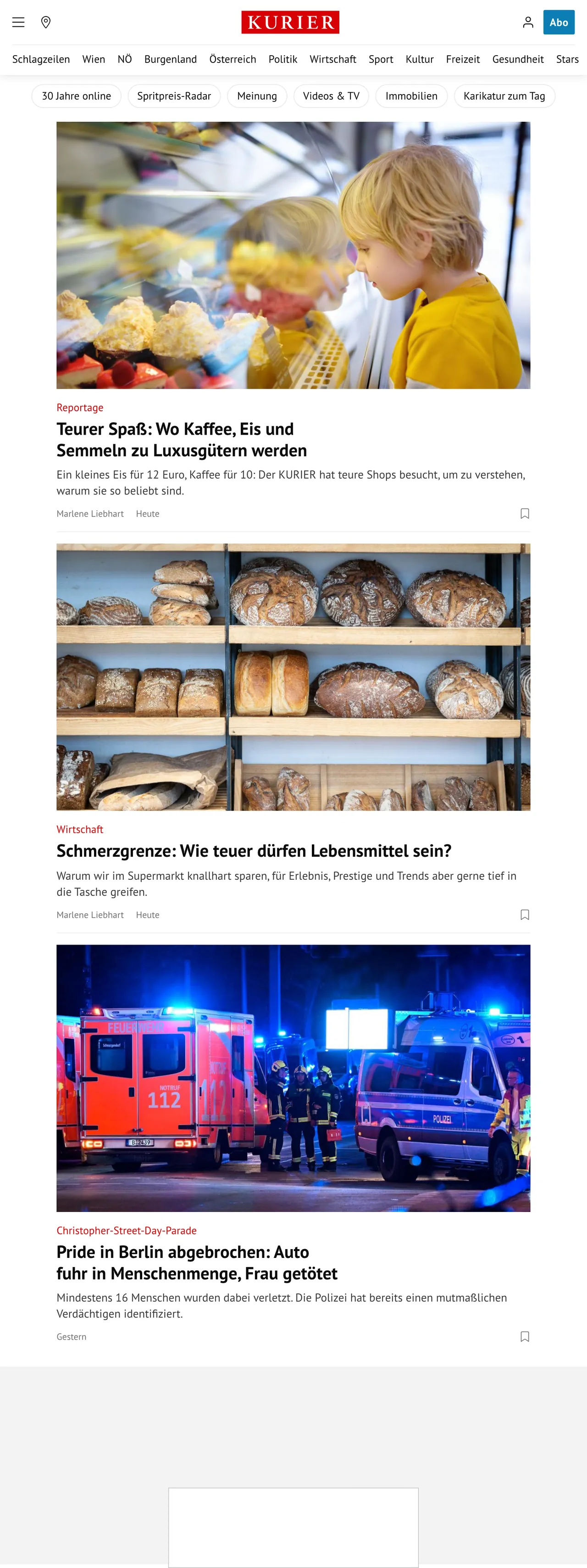 Screenshot of the Kurier front page