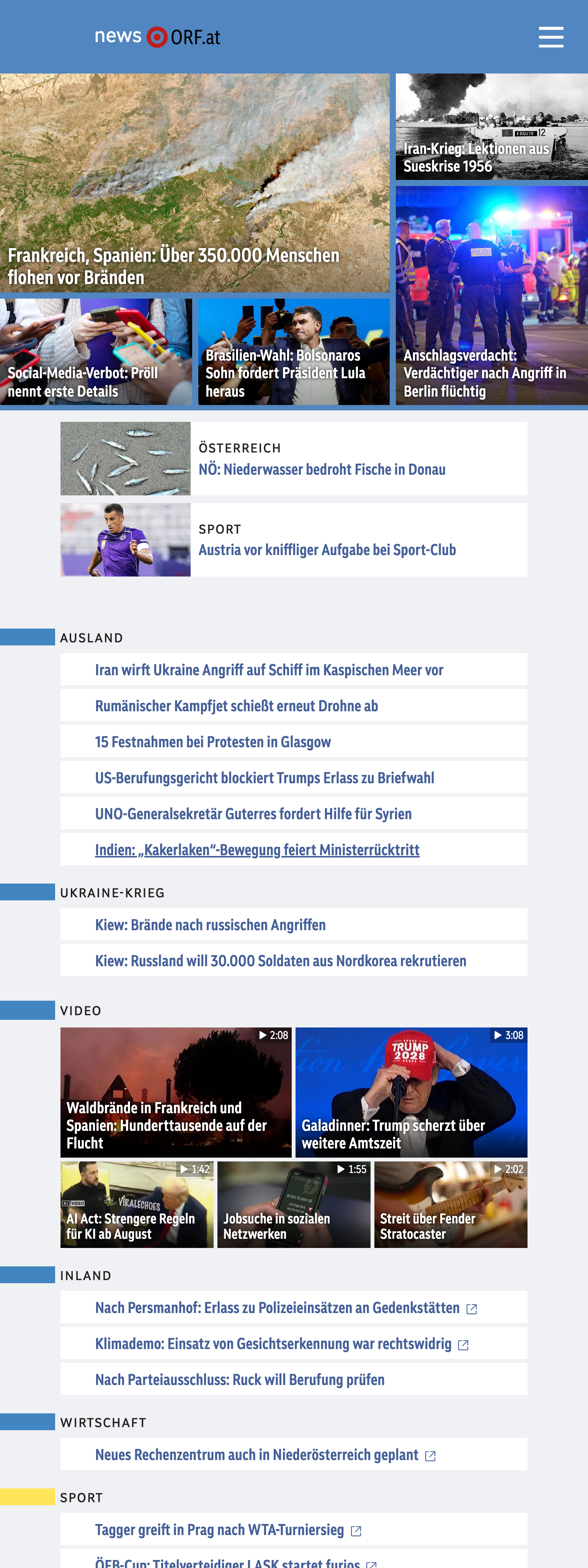 Screenshot of the ORF front page