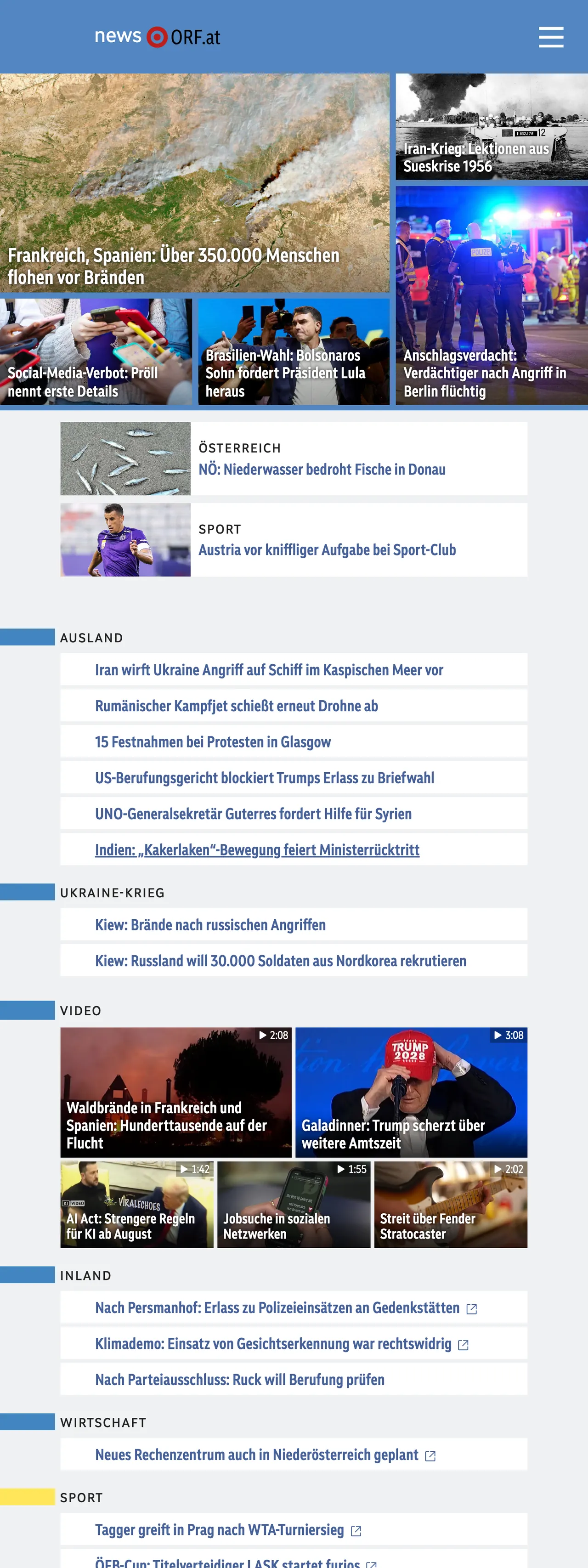 Screenshot of the ORF front page