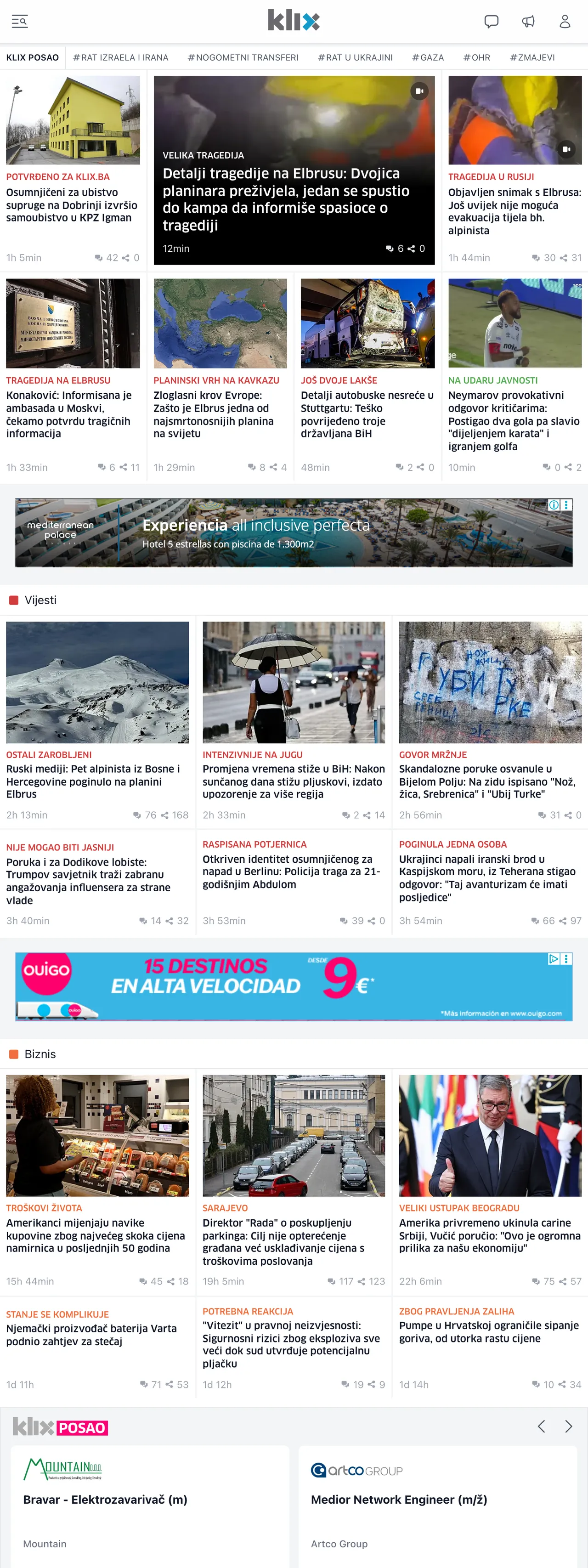 Screenshot of the Klix.ba front page