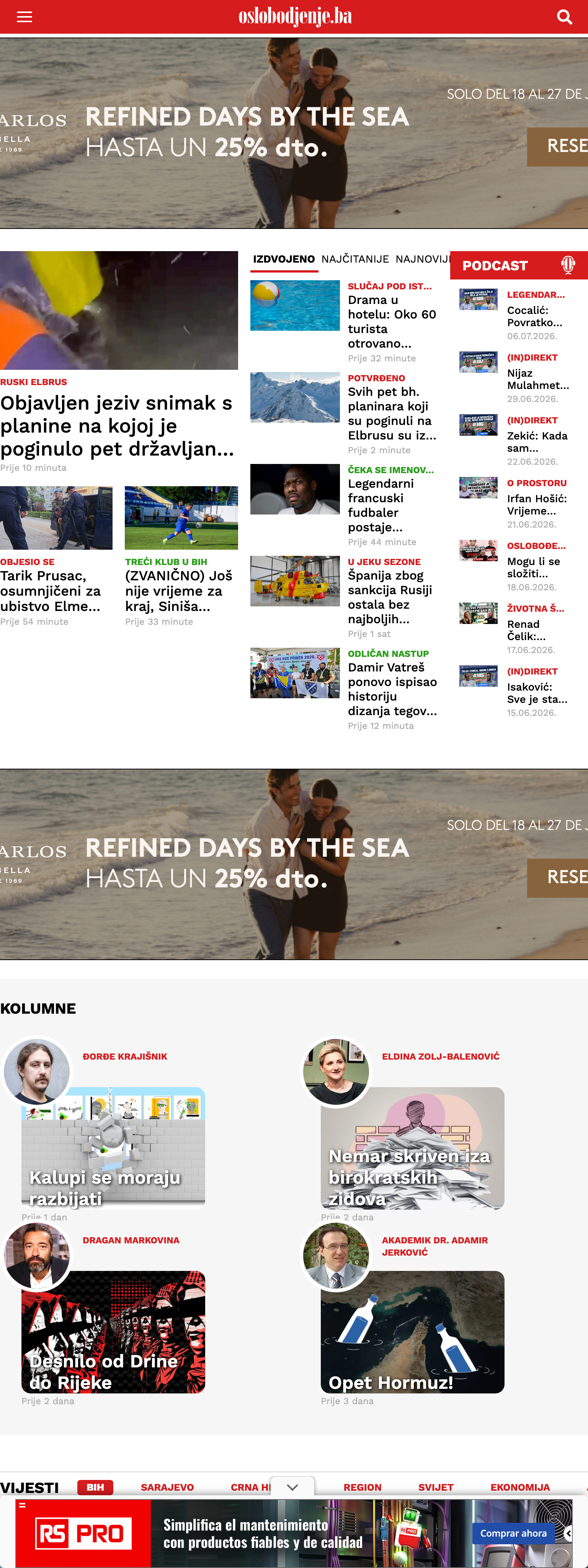 Screenshot of the Oslobođenje front page