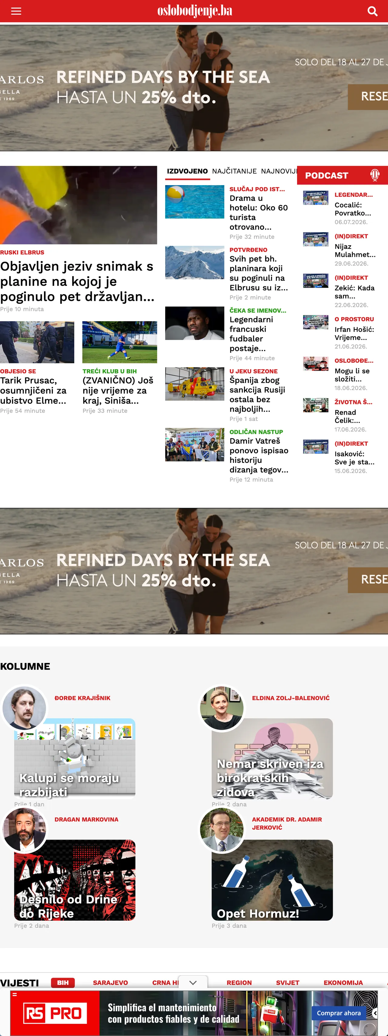 Screenshot of the Oslobođenje front page