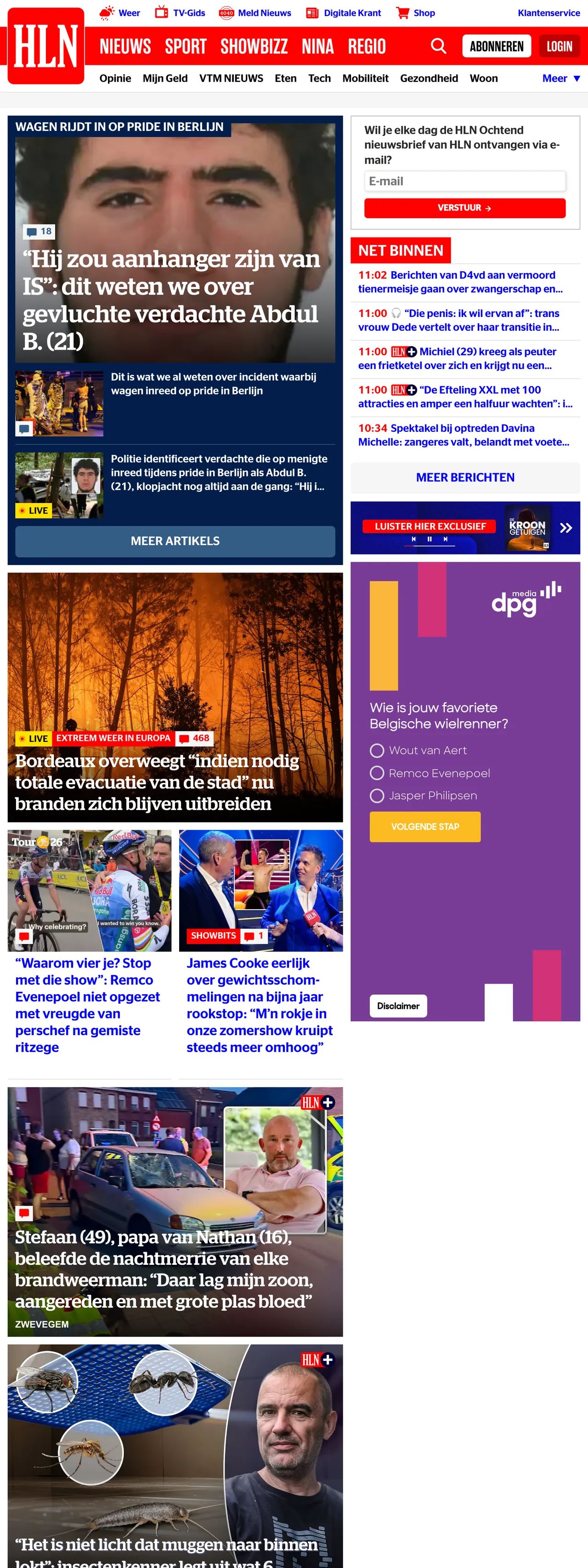 Screenshot of the HLN front page
