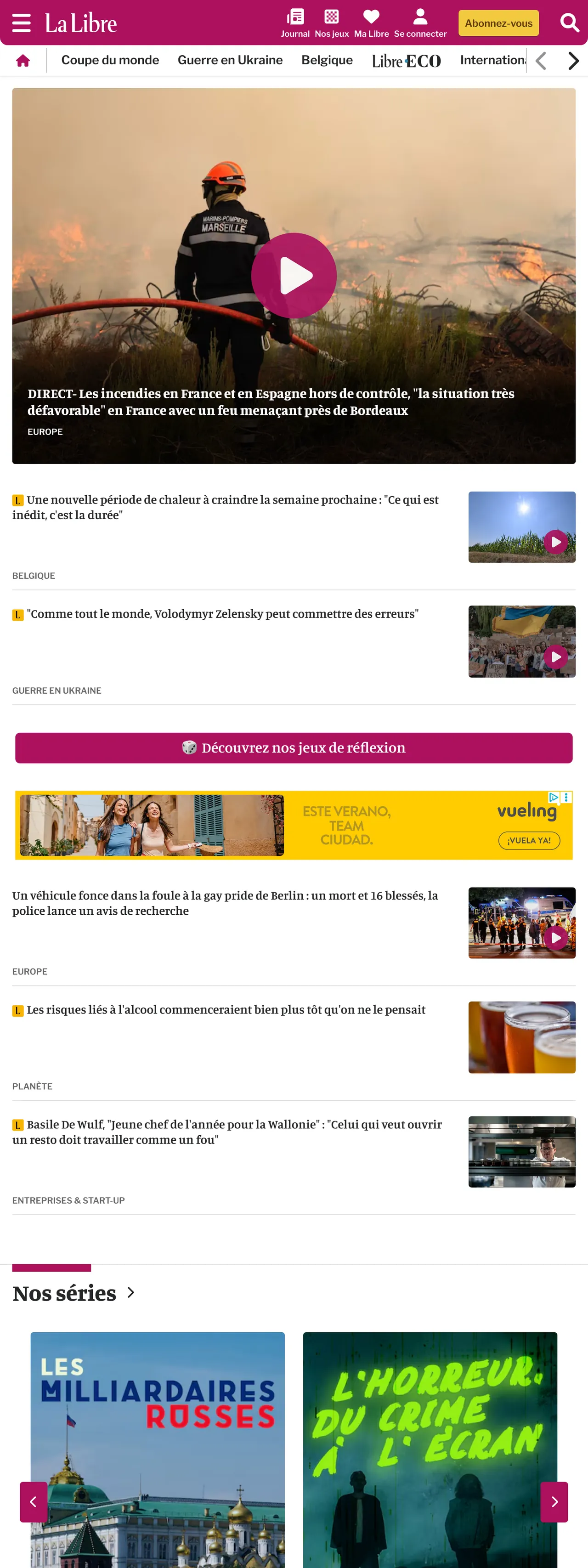Screenshot of the La Libre front page