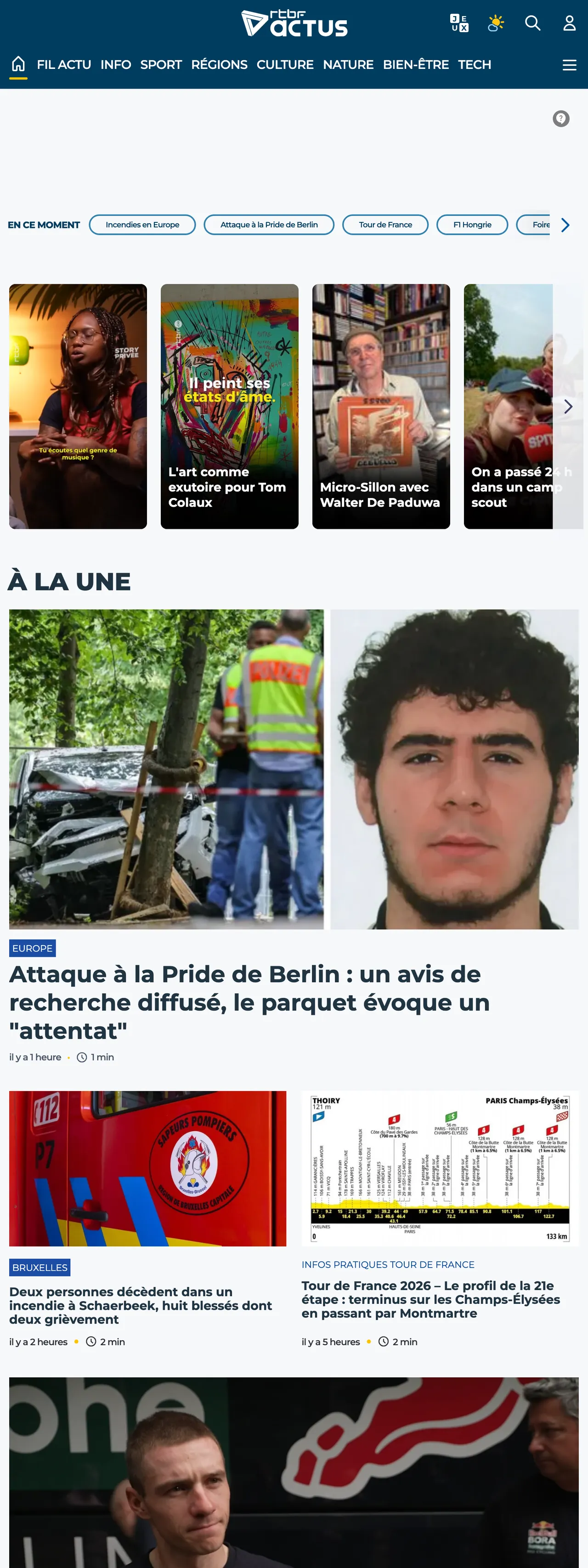 Screenshot of the RTBF front page