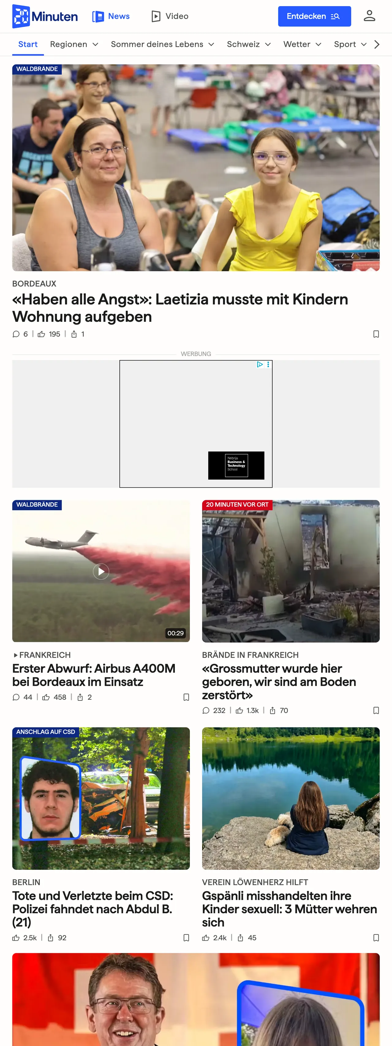 Screenshot of the 20 Minuten front page