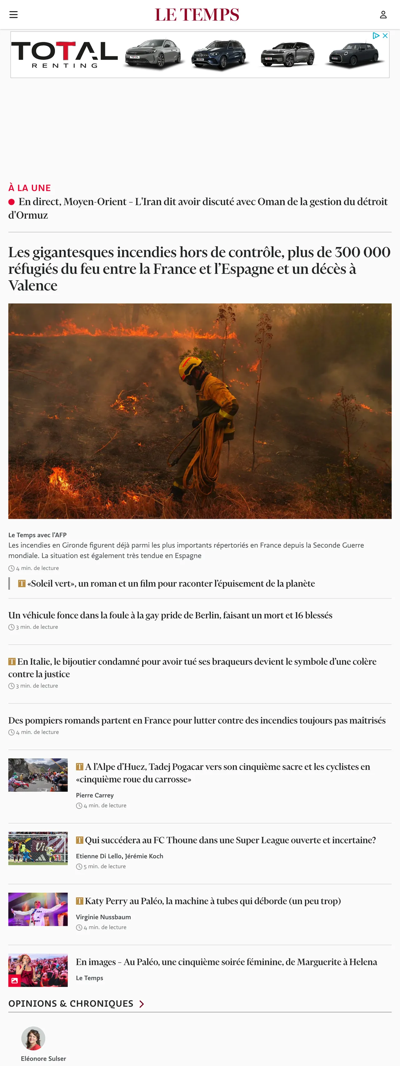 Screenshot of the Le Temps front page