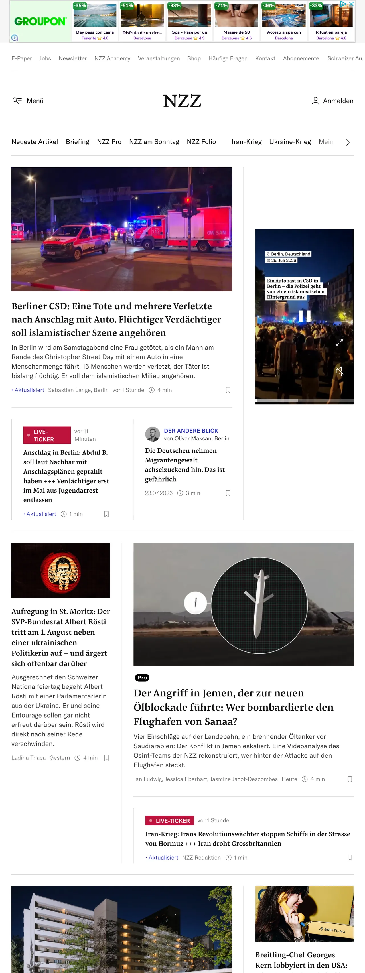 Screenshot of the Neue Zürcher Zeitung front page