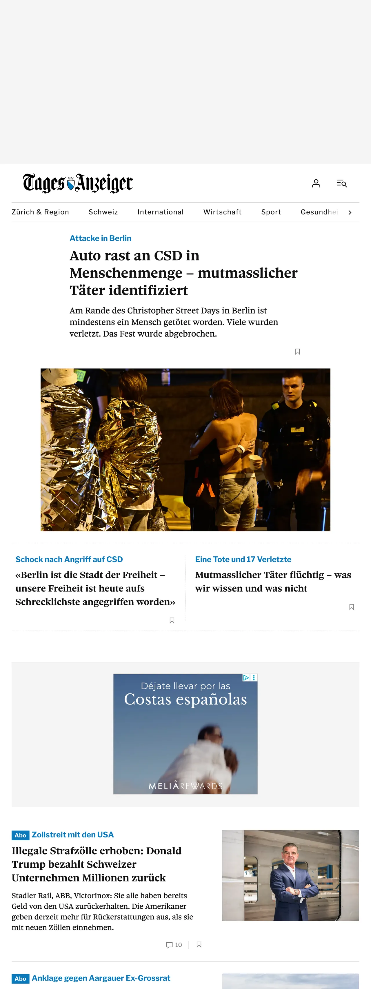 Screenshot of the Tages-Anzeiger front page