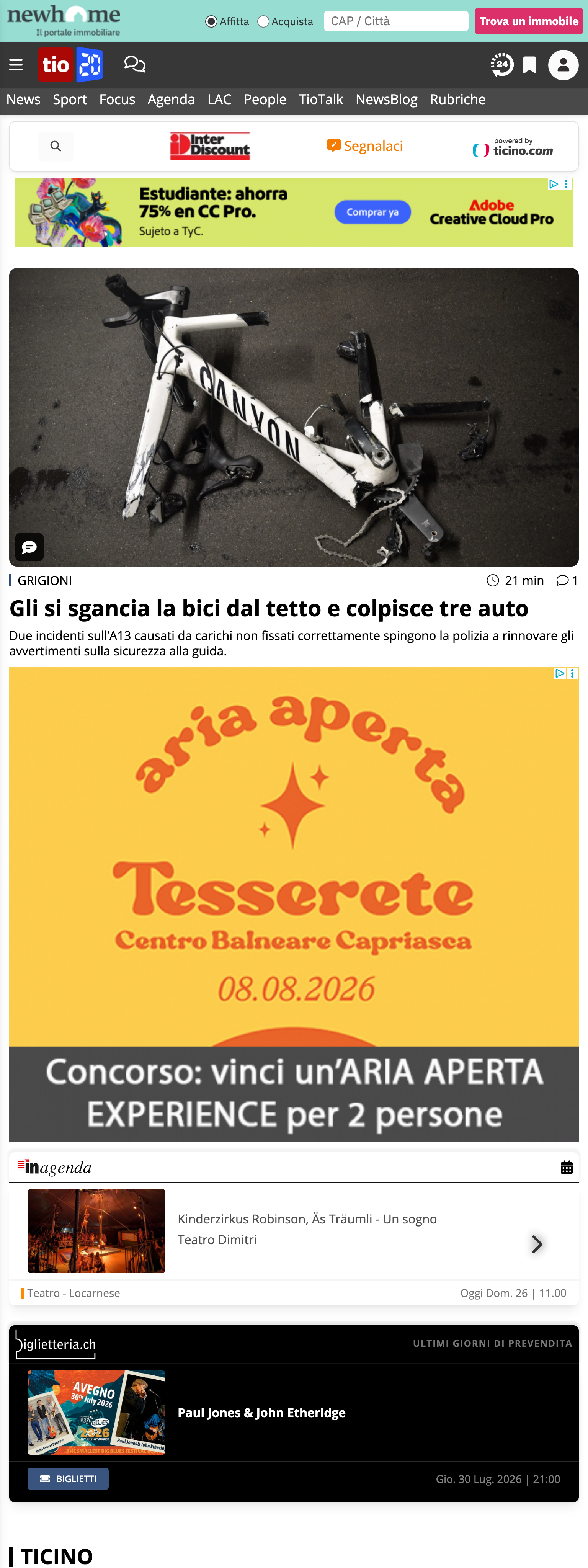Screenshot of the Ticinonline front page