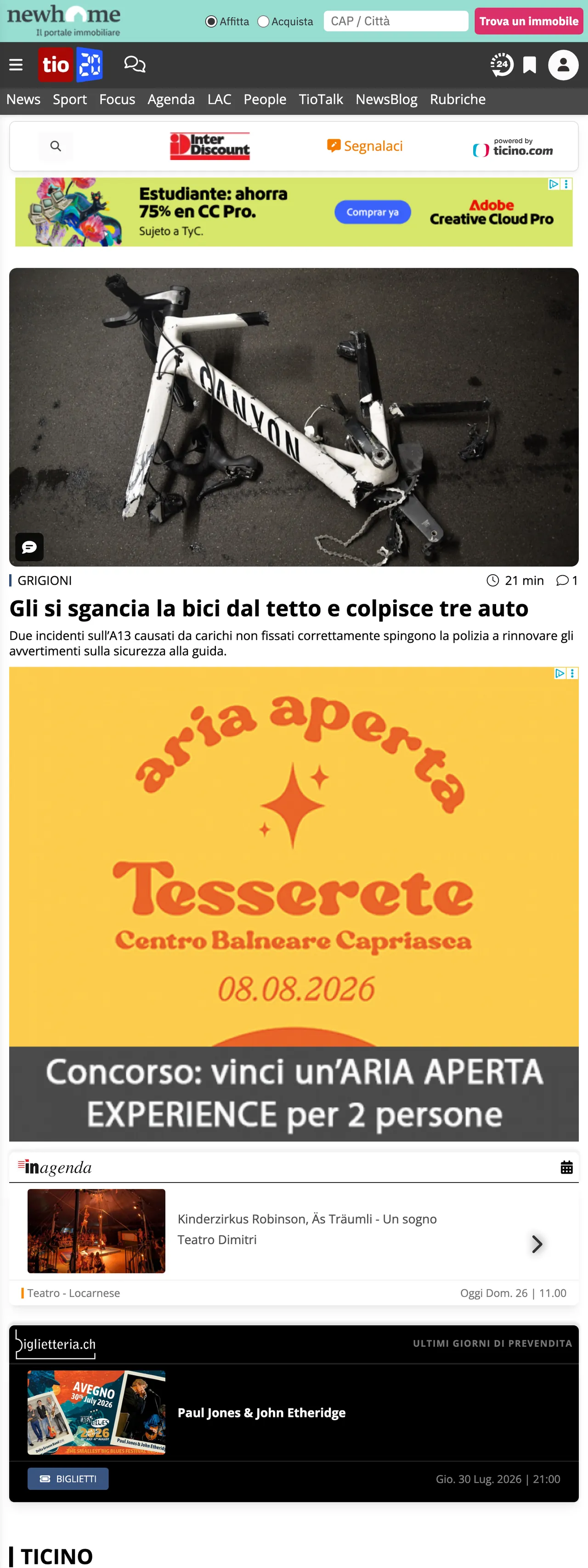 Screenshot of the Ticinonline front page