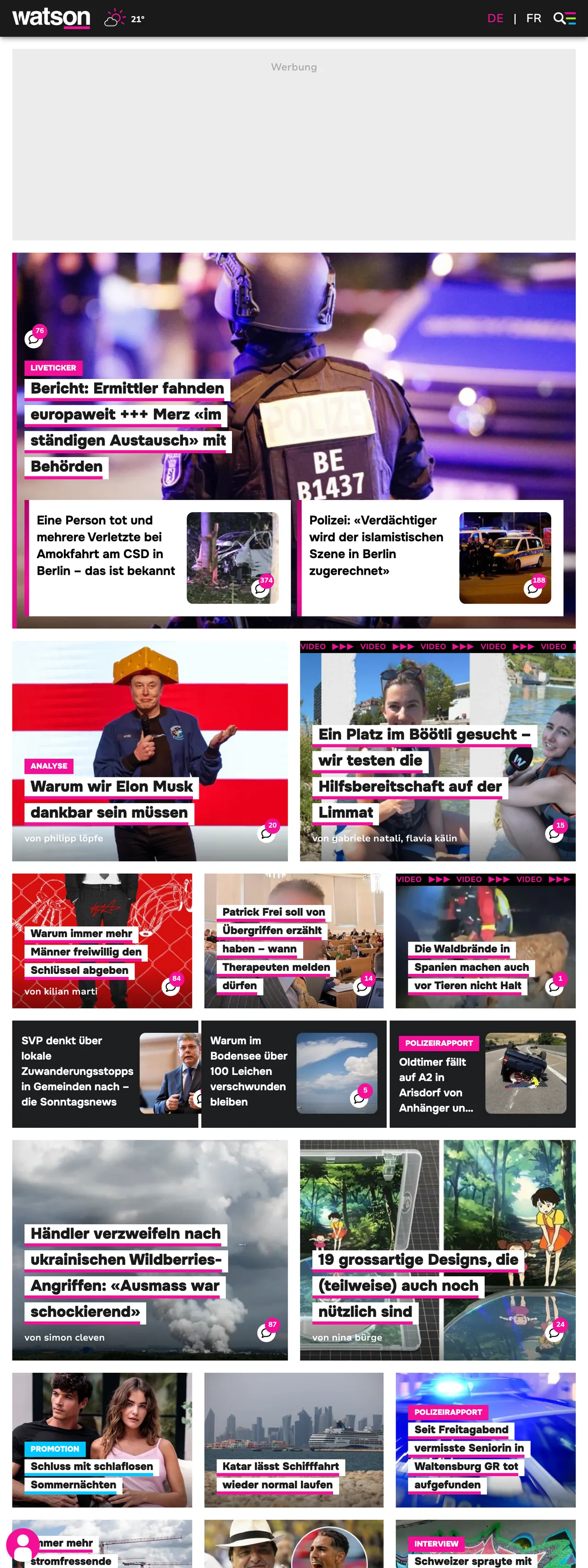 Screenshot of the watson front page