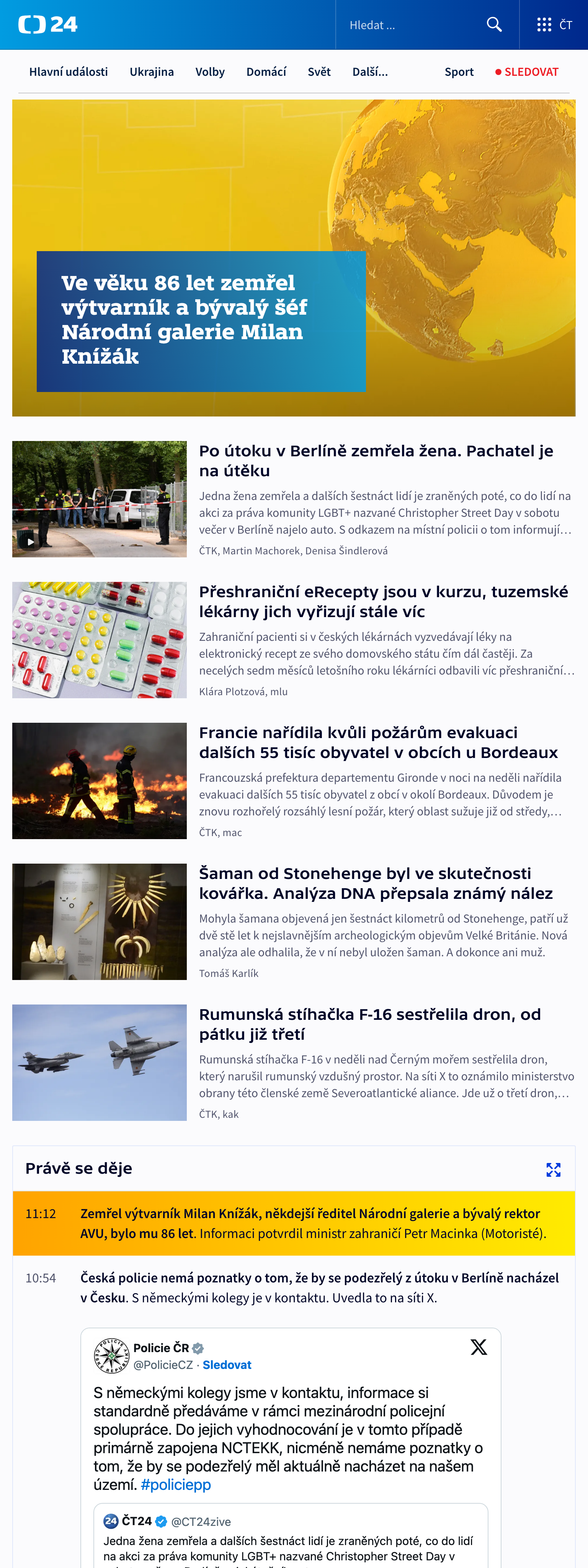 Screenshot of the ČT24 front page