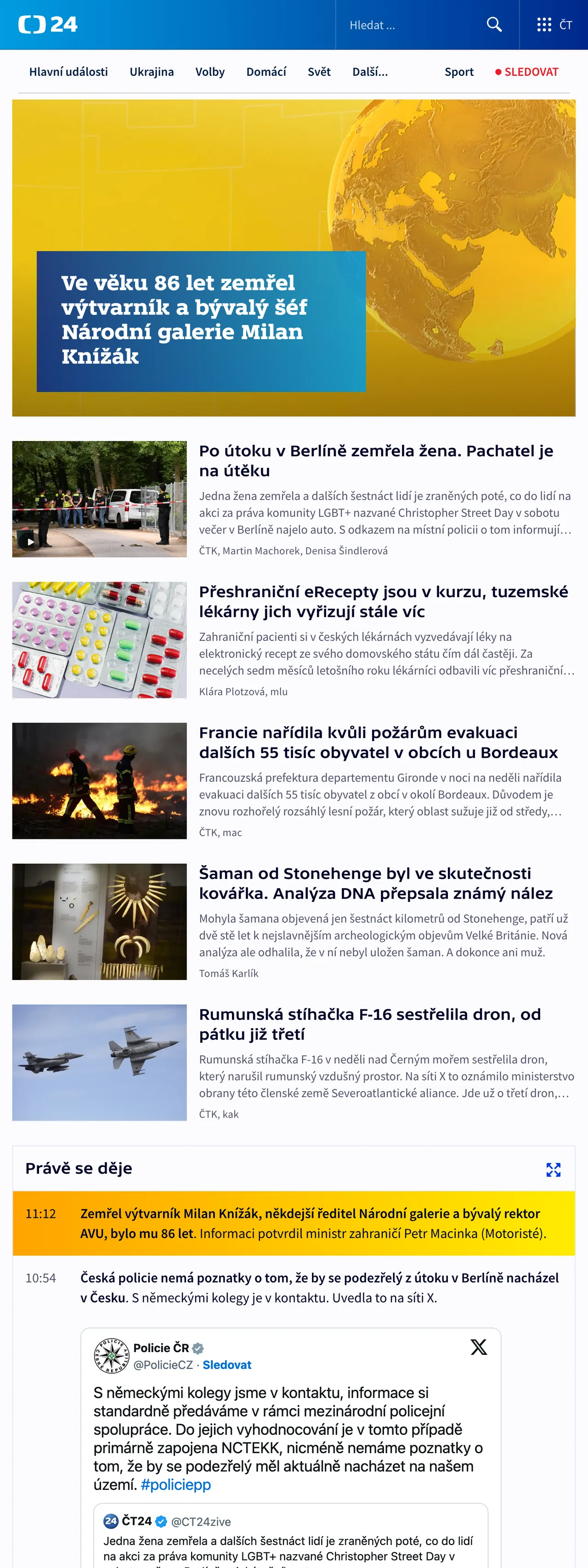 Screenshot of the ČT24 front page
