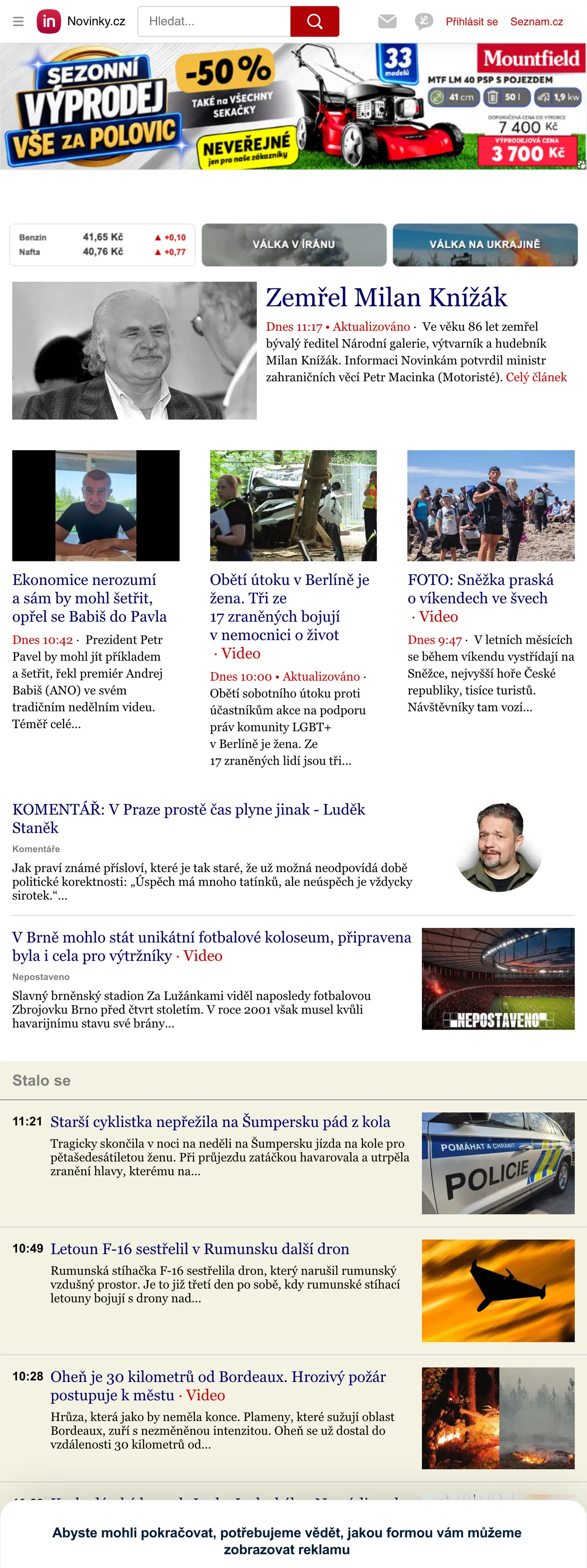Screenshot of the Novinky.cz front page