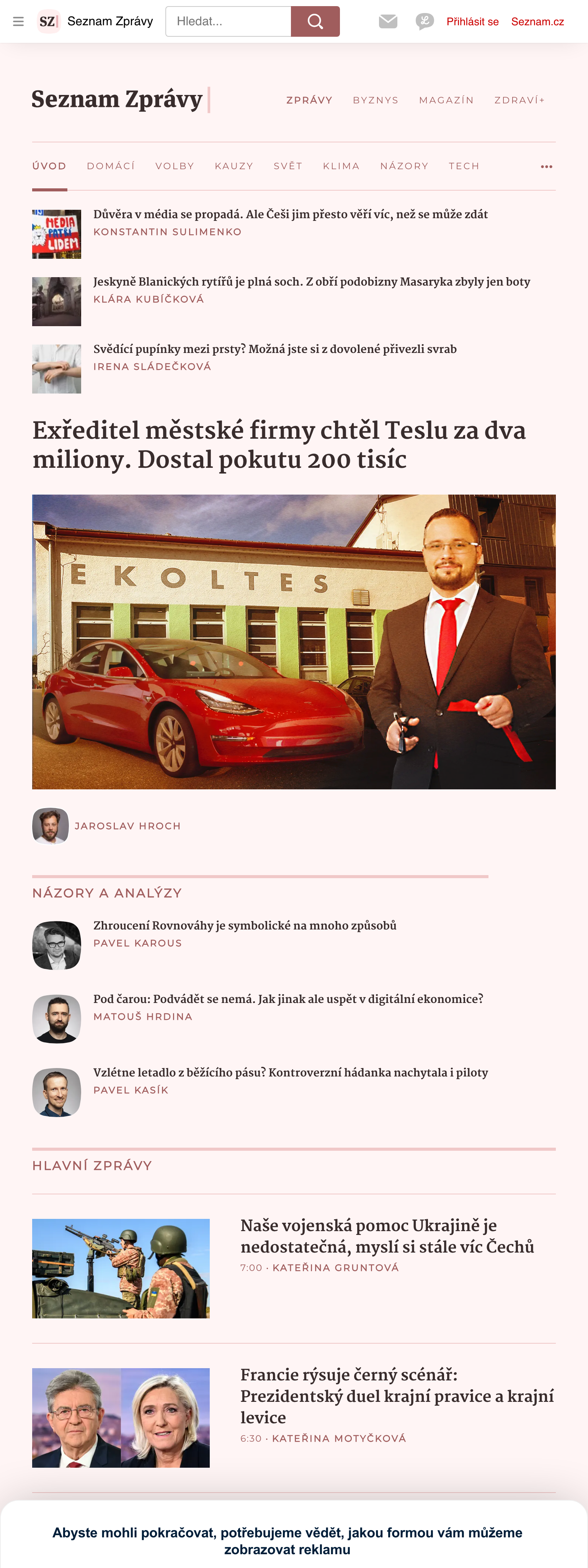 Screenshot of the Seznam Zprávy front page