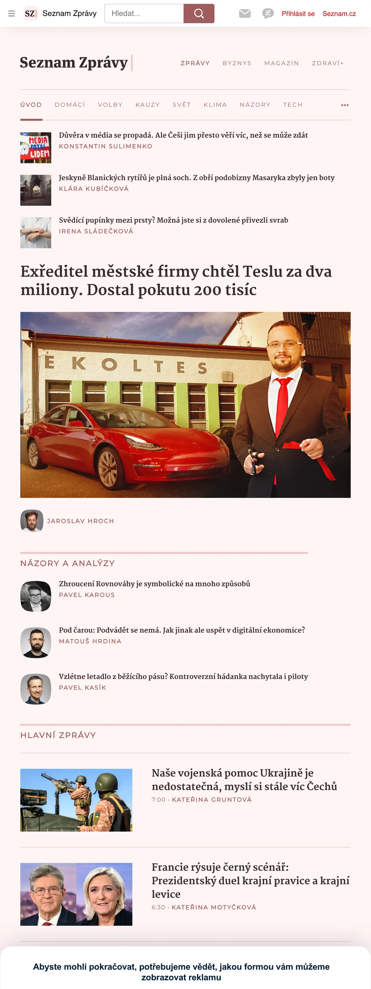 Screenshot of the Seznam Zprávy front page