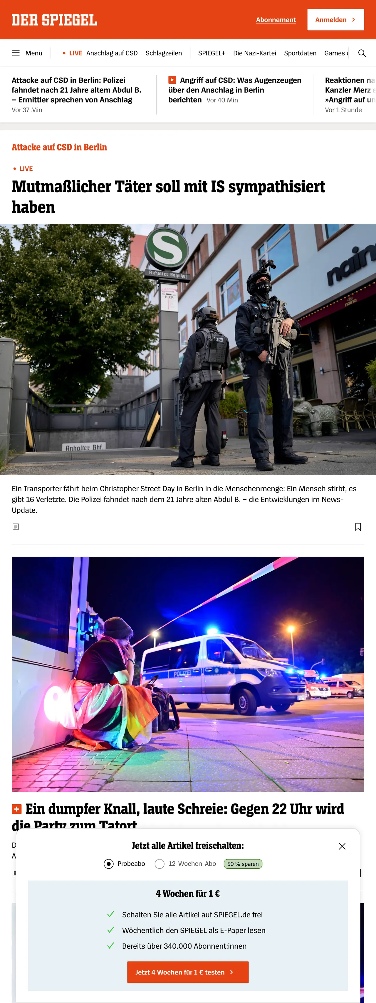 Screenshot of the DER SPIEGEL front page