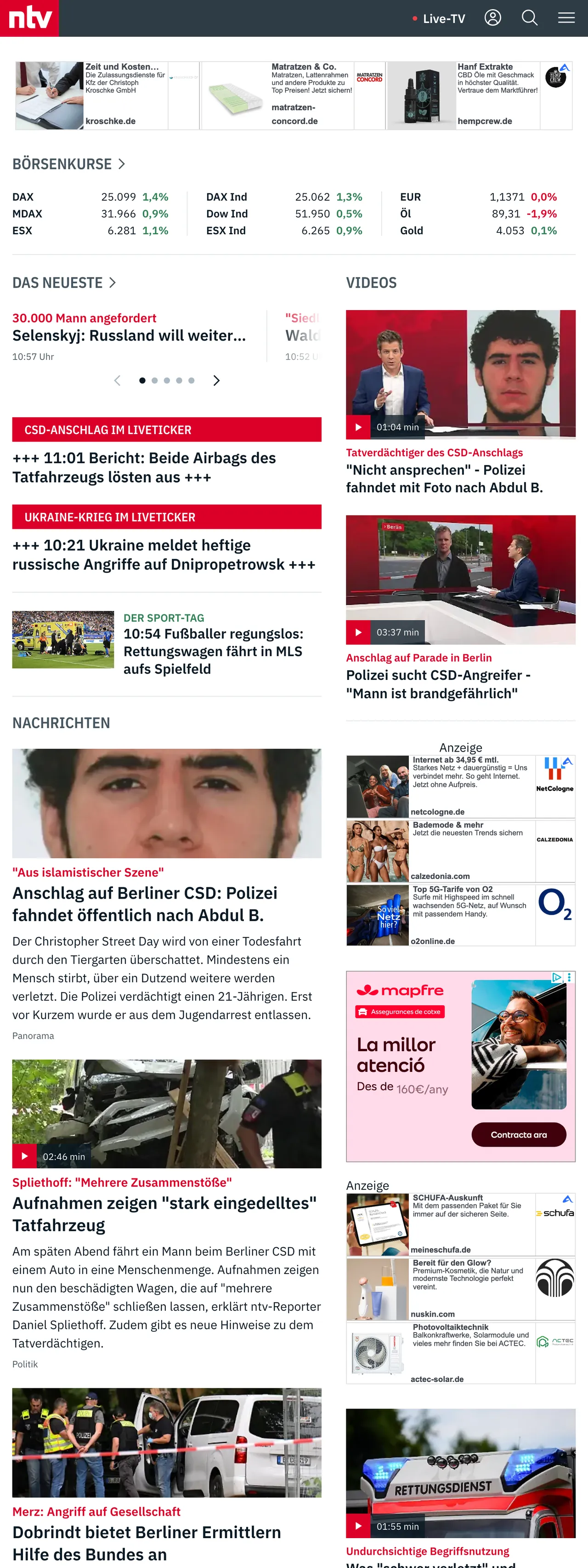 Screenshot of the n-tv front page