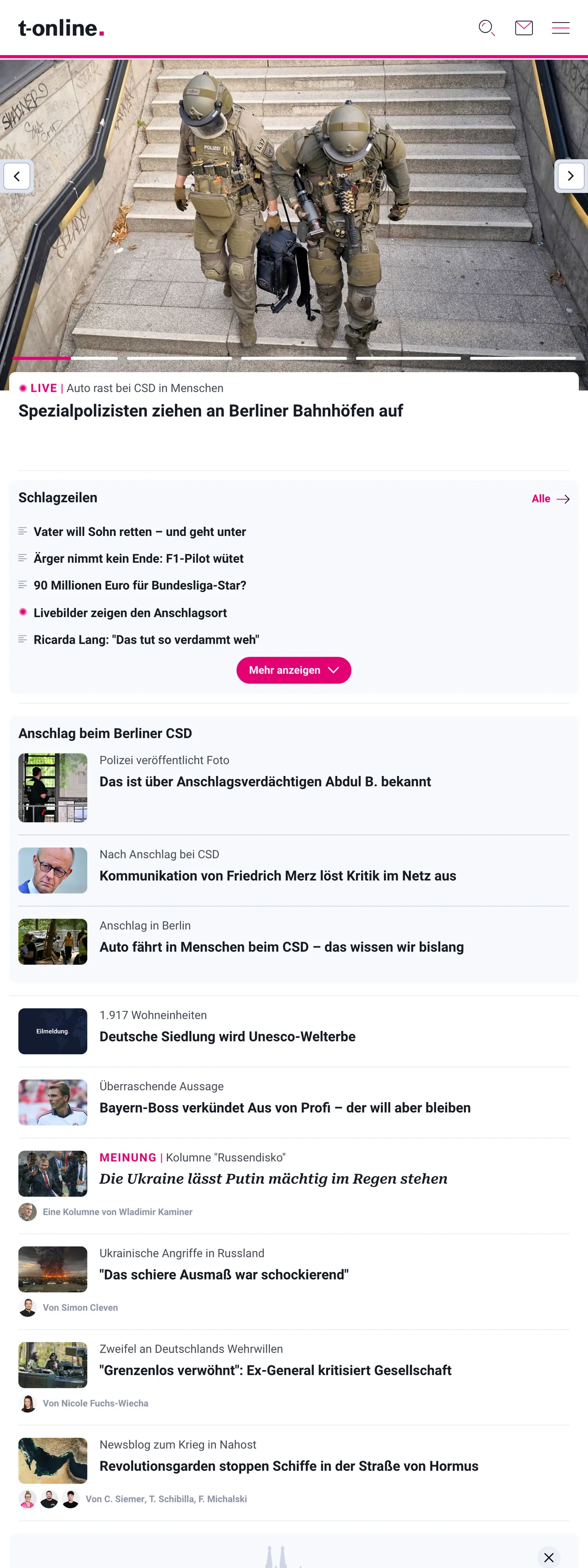 Screenshot of the t-online front page