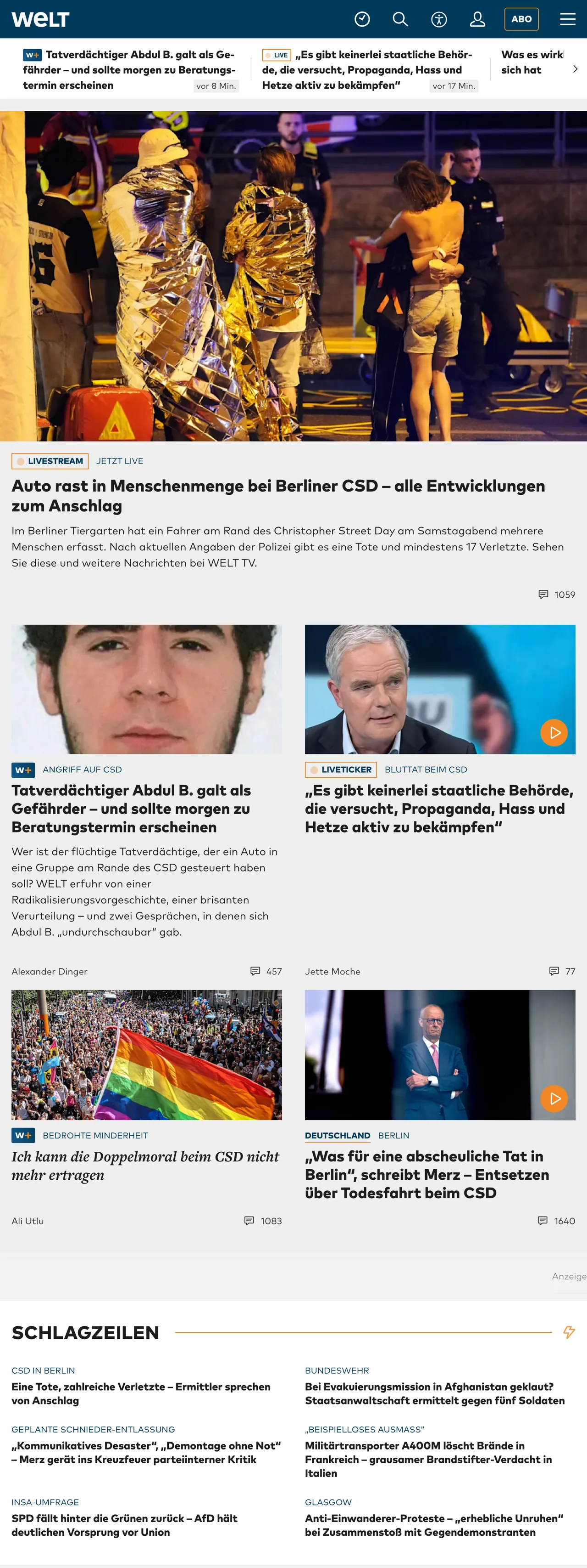 Screenshot of the WELT front page