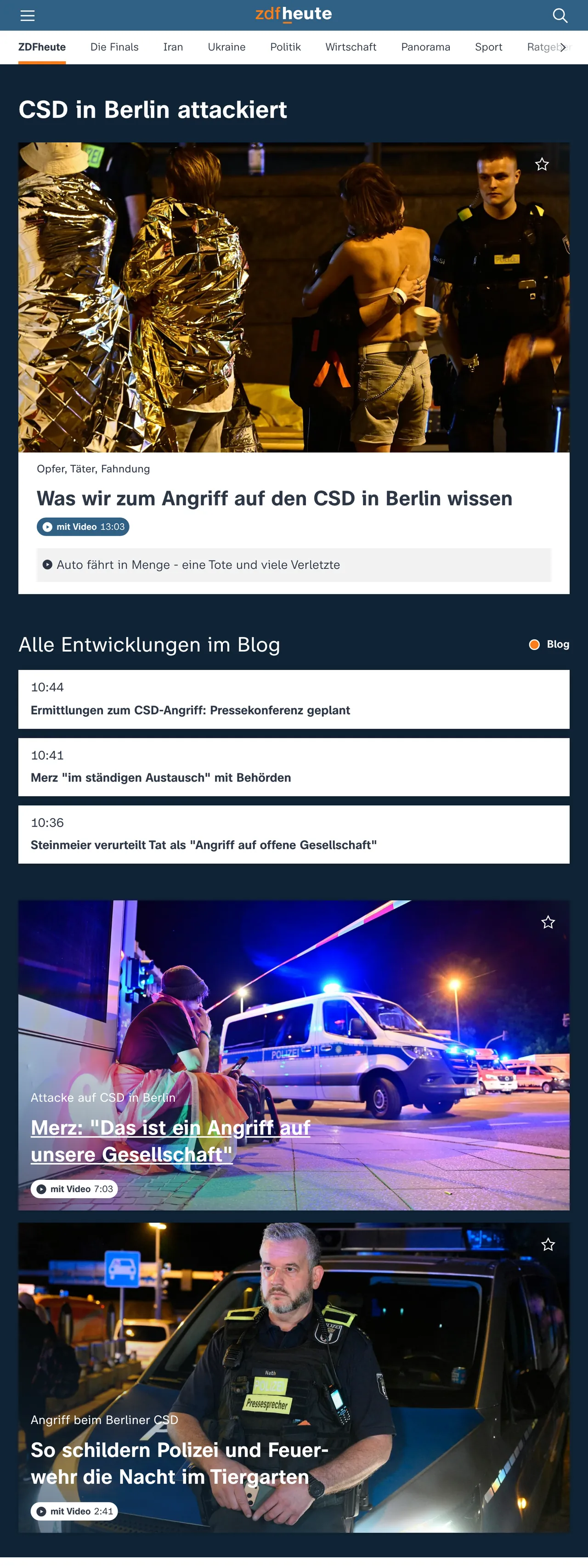 Screenshot of the ZDFheute front page