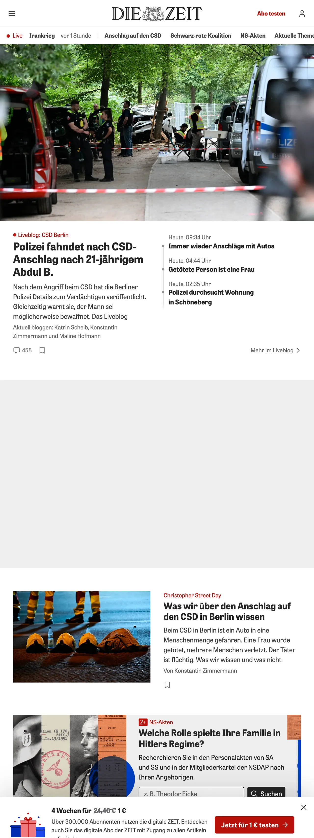 Screenshot of the ZEIT ONLINE front page