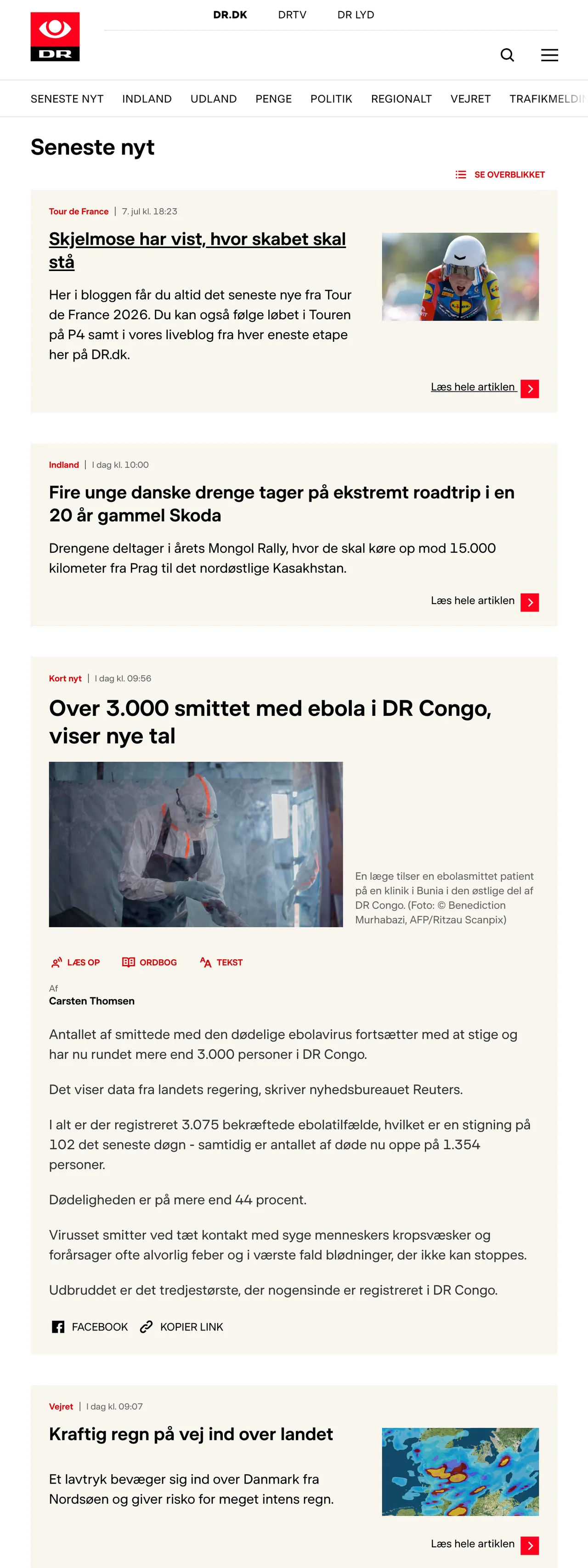 Screenshot of the DR front page