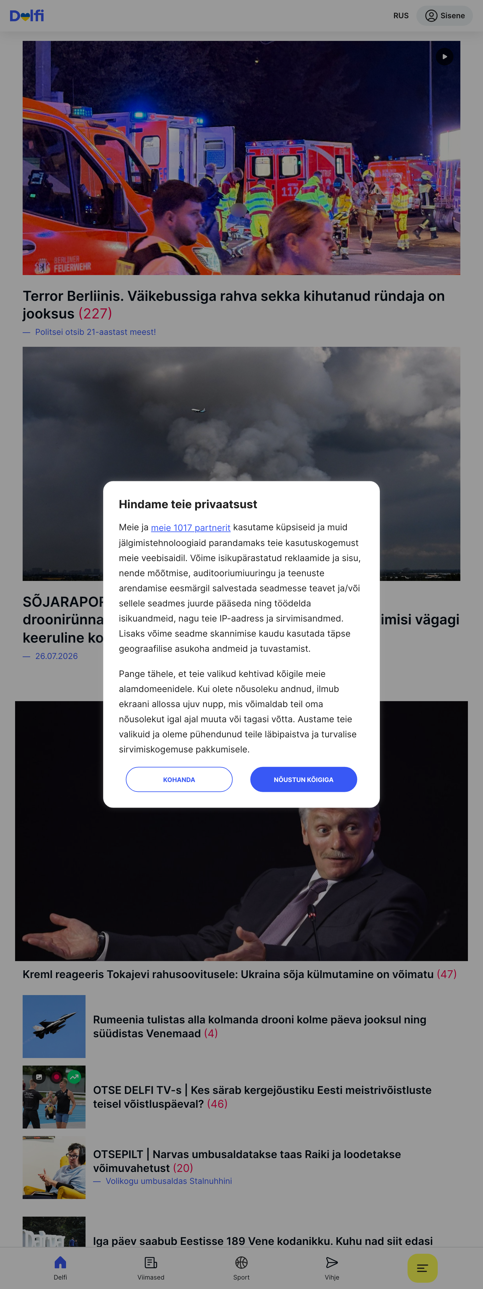 Screenshot of the Delfi front page