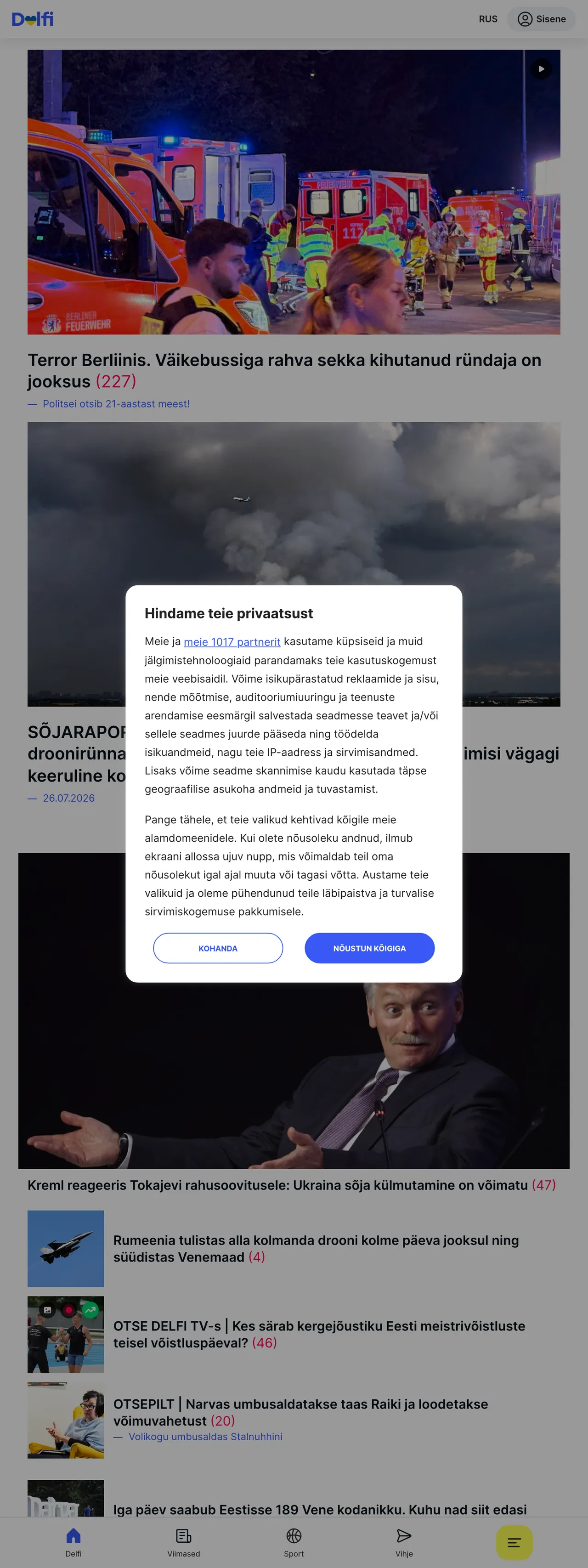 Screenshot of the Delfi front page
