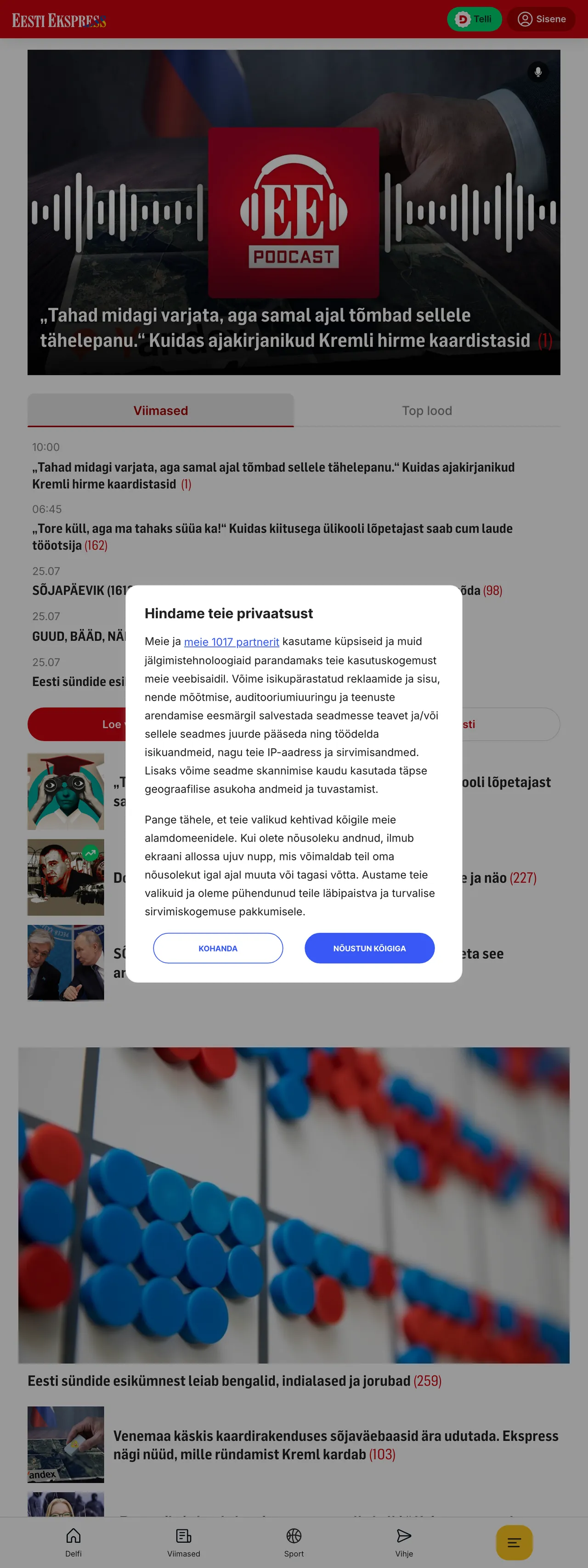 Screenshot of the Eesti Ekspress front page